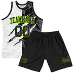 Custom Graffiti Pattern Black White-Neon Green Scratch Round Neck Sublimation Basketball Suit Jersey