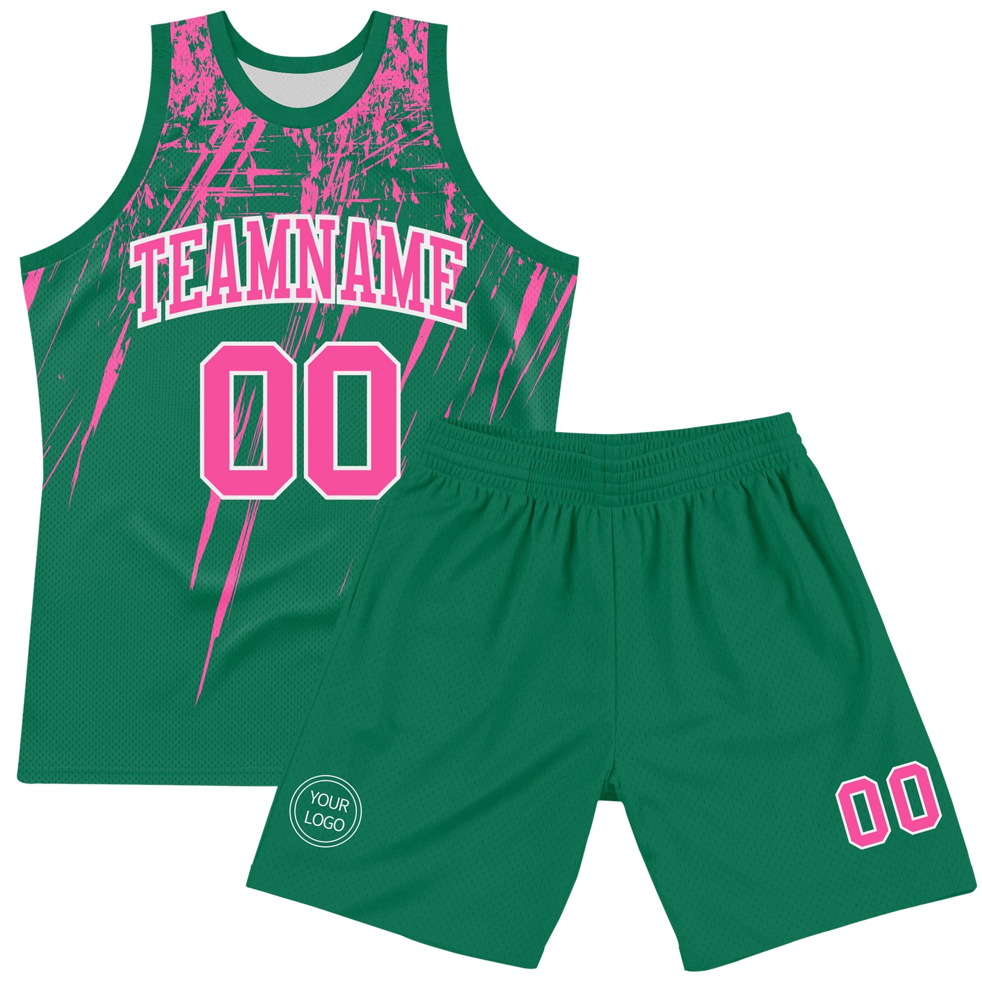 Custom Kelly Green Pink-White Splash Round Neck Sublimation Basketball Suit Jersey