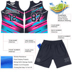Custom Navy Pink Light Blue-White Line Round Neck Sublimation Basketball Suit Jersey