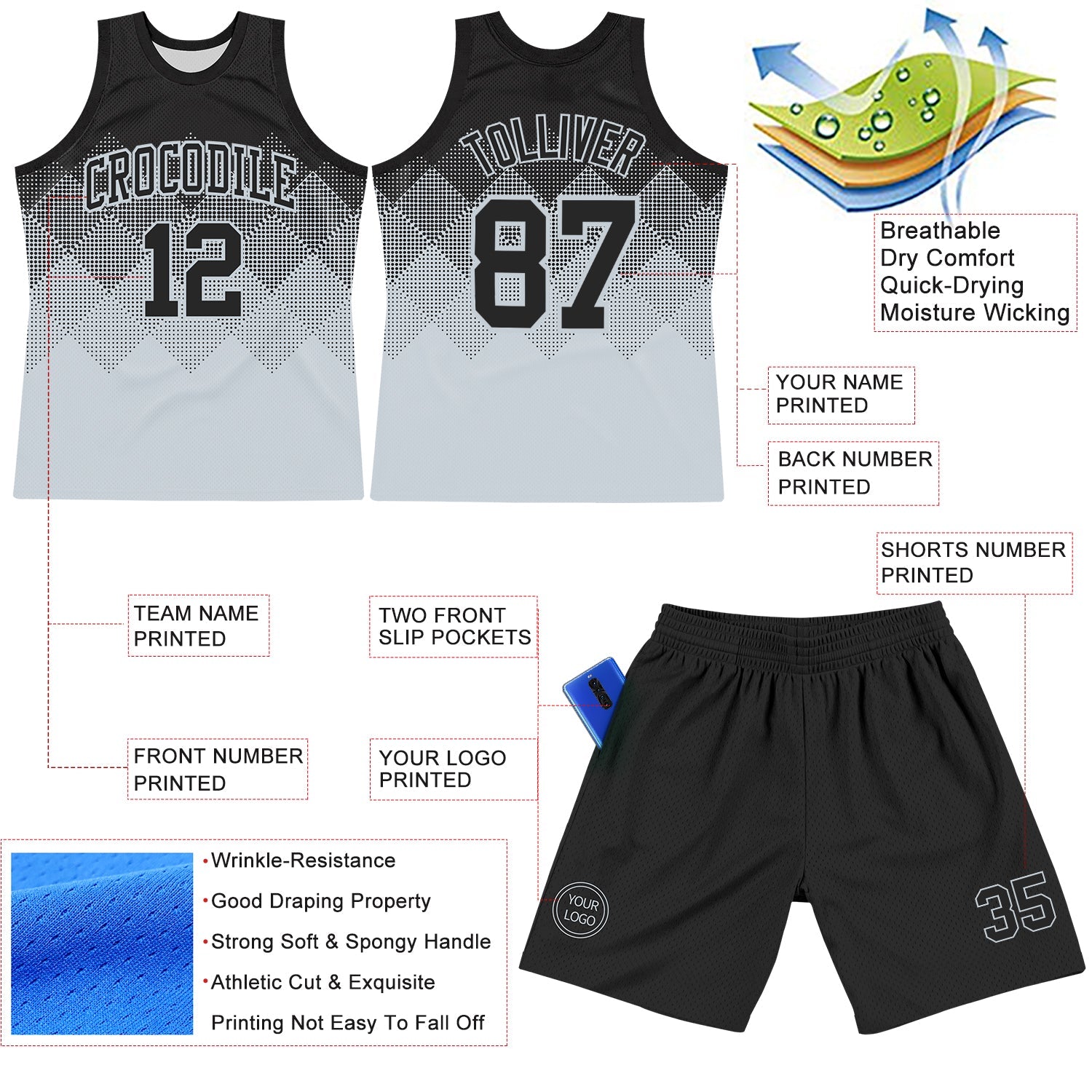 Custom Black Silver Gradient Square Shapes Round Neck Sublimation Basketball Suit Jersey