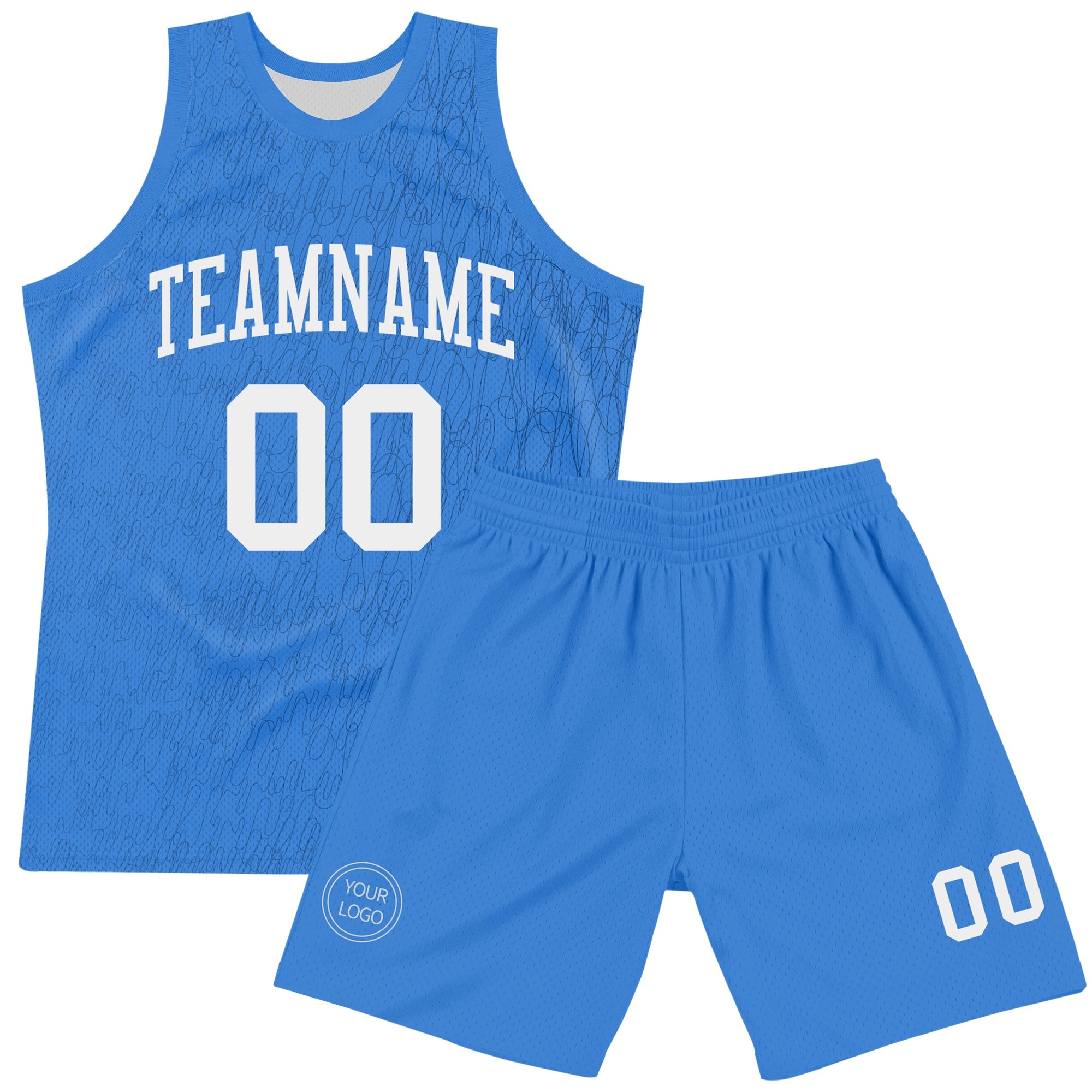Custom Light Blue White Line Round Neck Sublimation Basketball Suit Jersey