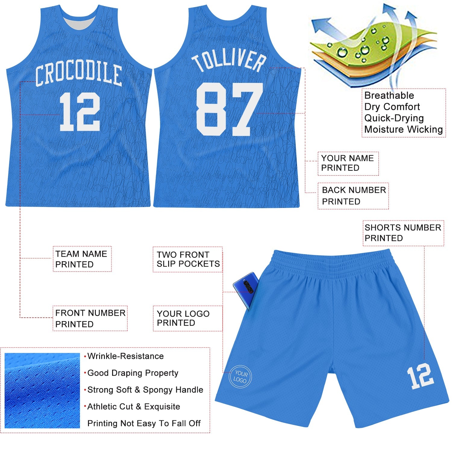 Custom Light Blue White Line Round Neck Sublimation Basketball Suit Jersey