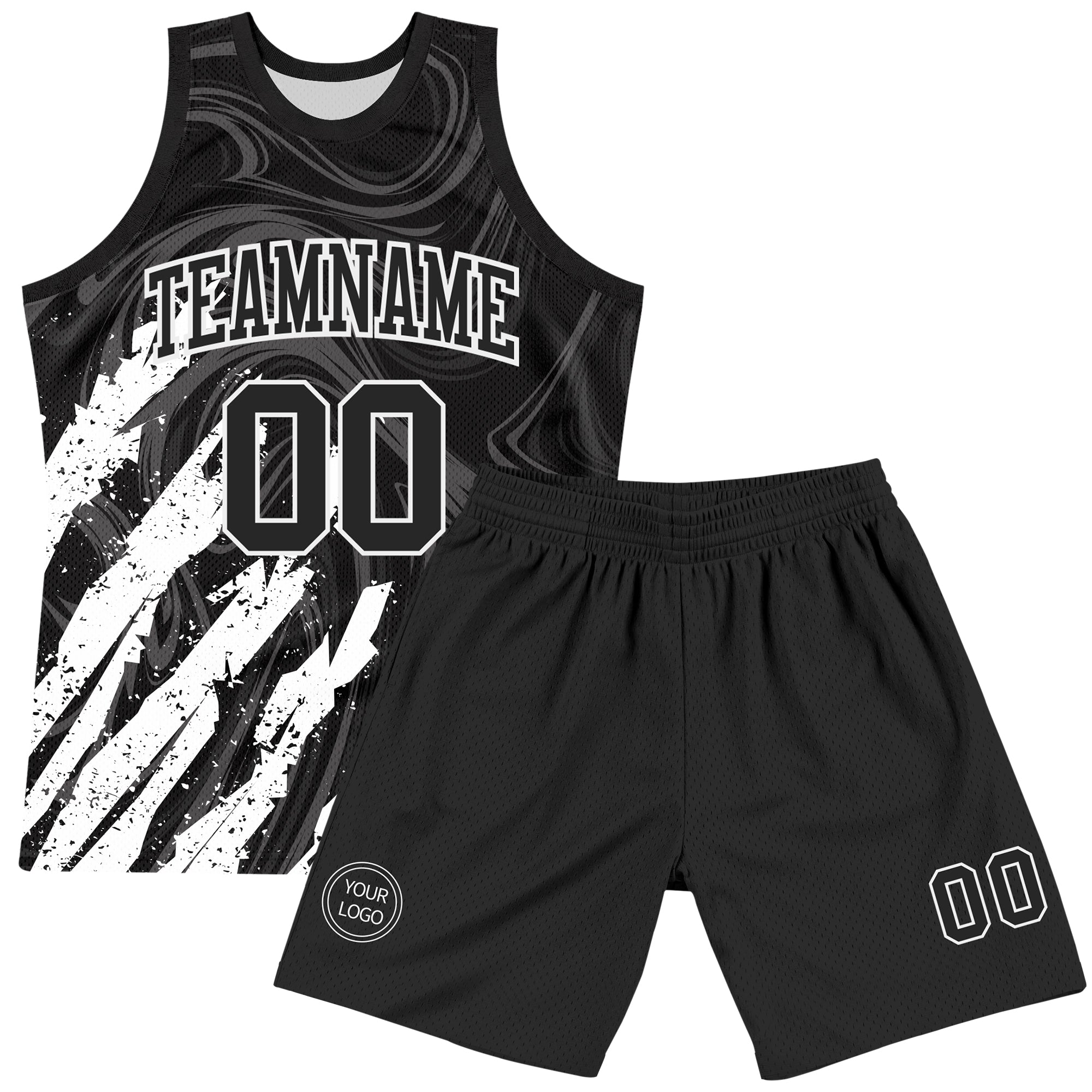 Custom Black White Splash Round Neck Sublimation Basketball Suit Jersey