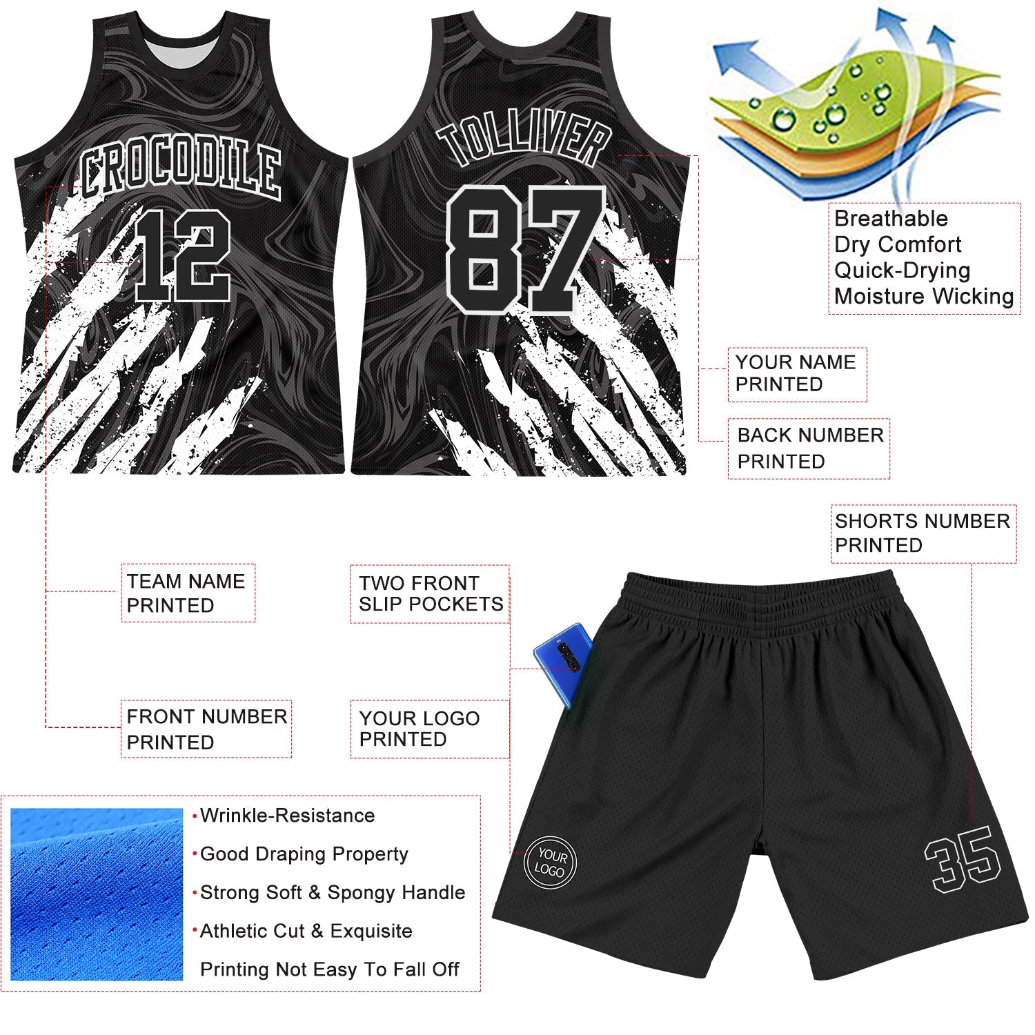 Custom Black White Splash Round Neck Sublimation Basketball Suit Jersey