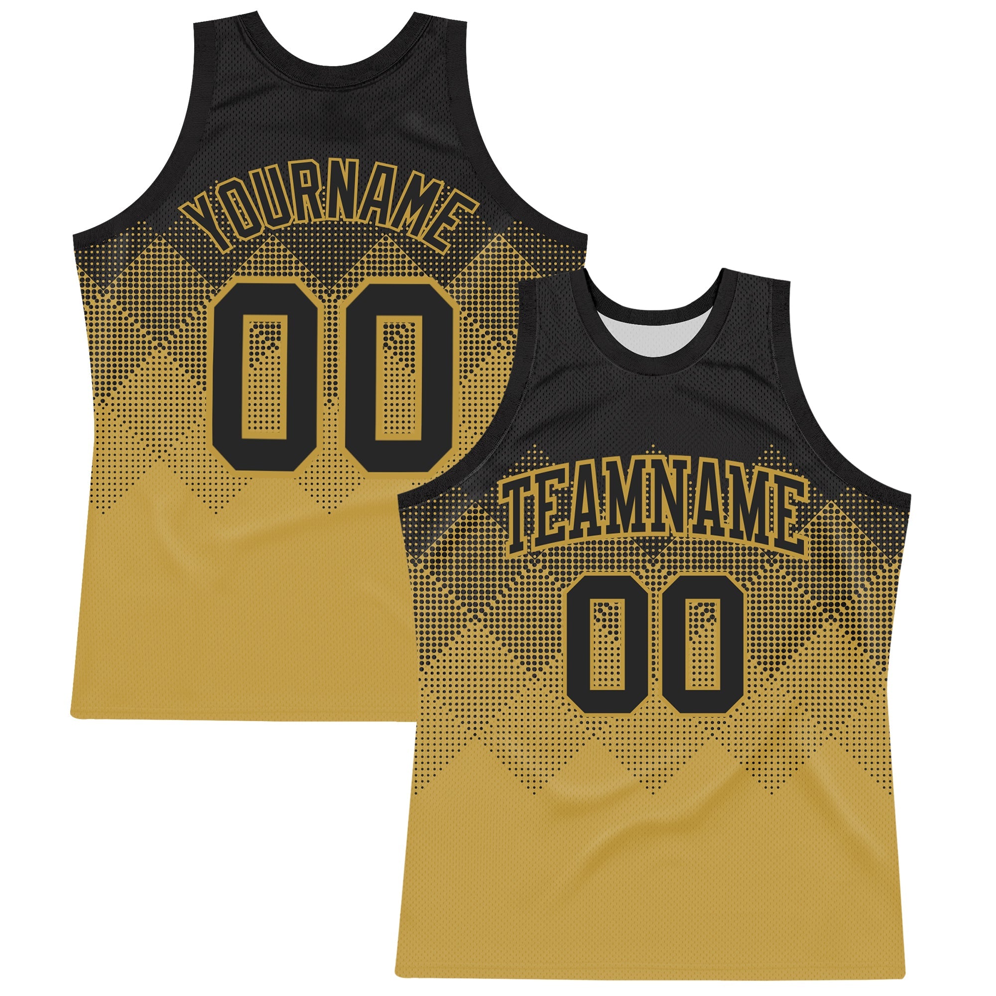 Custom Black Old Gold Gradient Square Shapes Round Neck Sublimation Basketball Suit Jersey