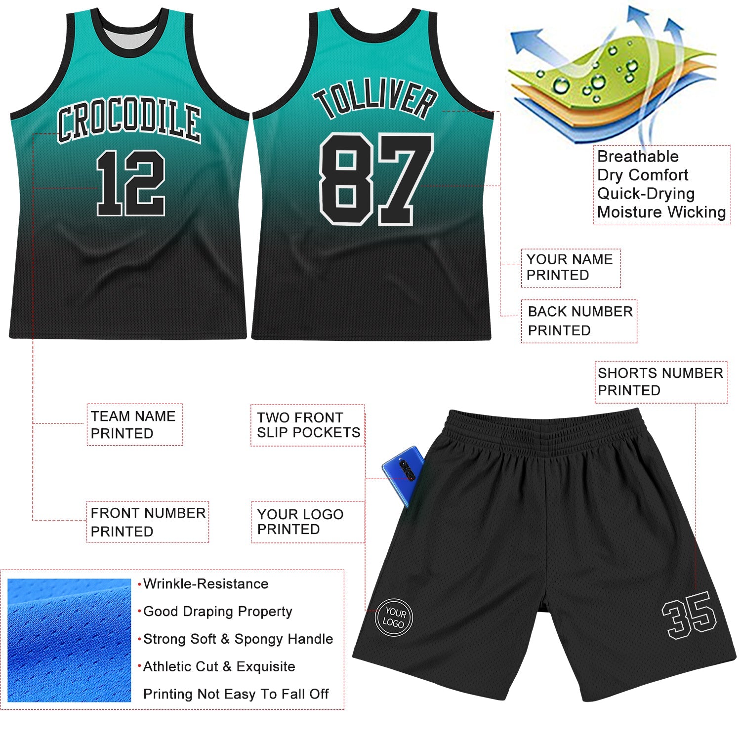 Custom Aqua Black-White Fade Fashion Round Neck Sublimation Basketball Suit Jersey