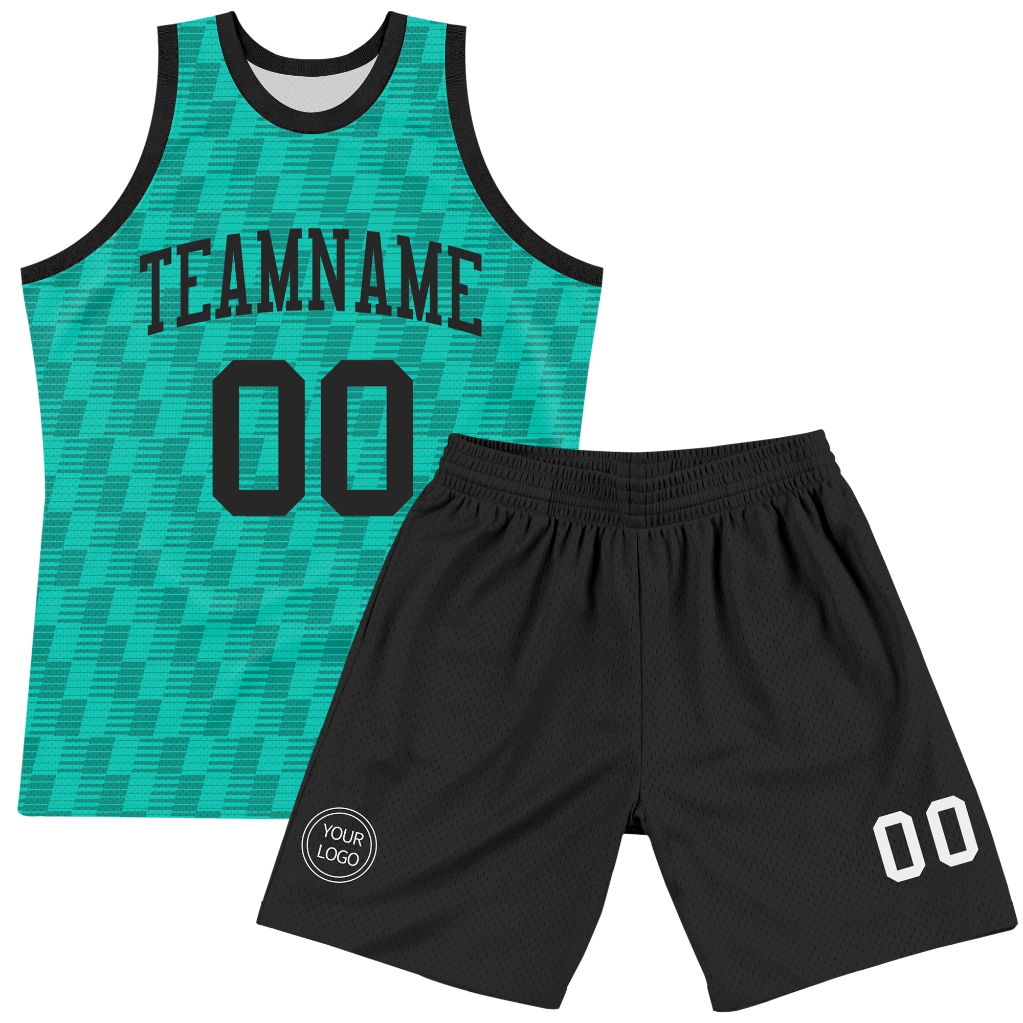 Custom Teal White Line Round Neck Sublimation Basketball Suit Jersey