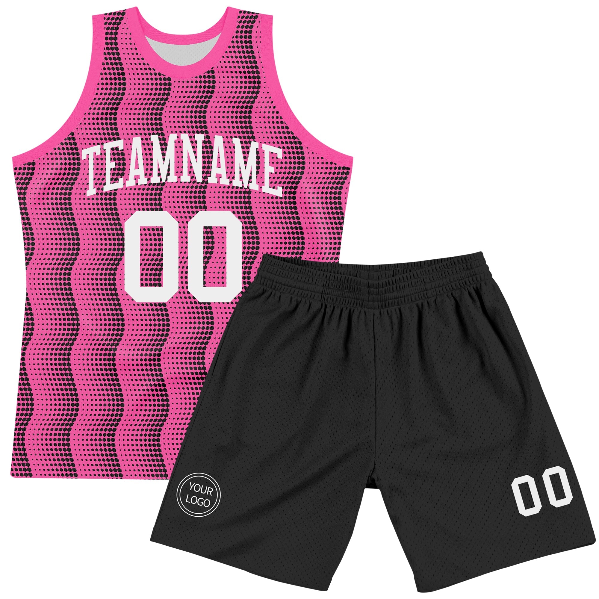 Custom Pink White-Black Geometric Shape Round Neck Sublimation Basketball Suit Jersey