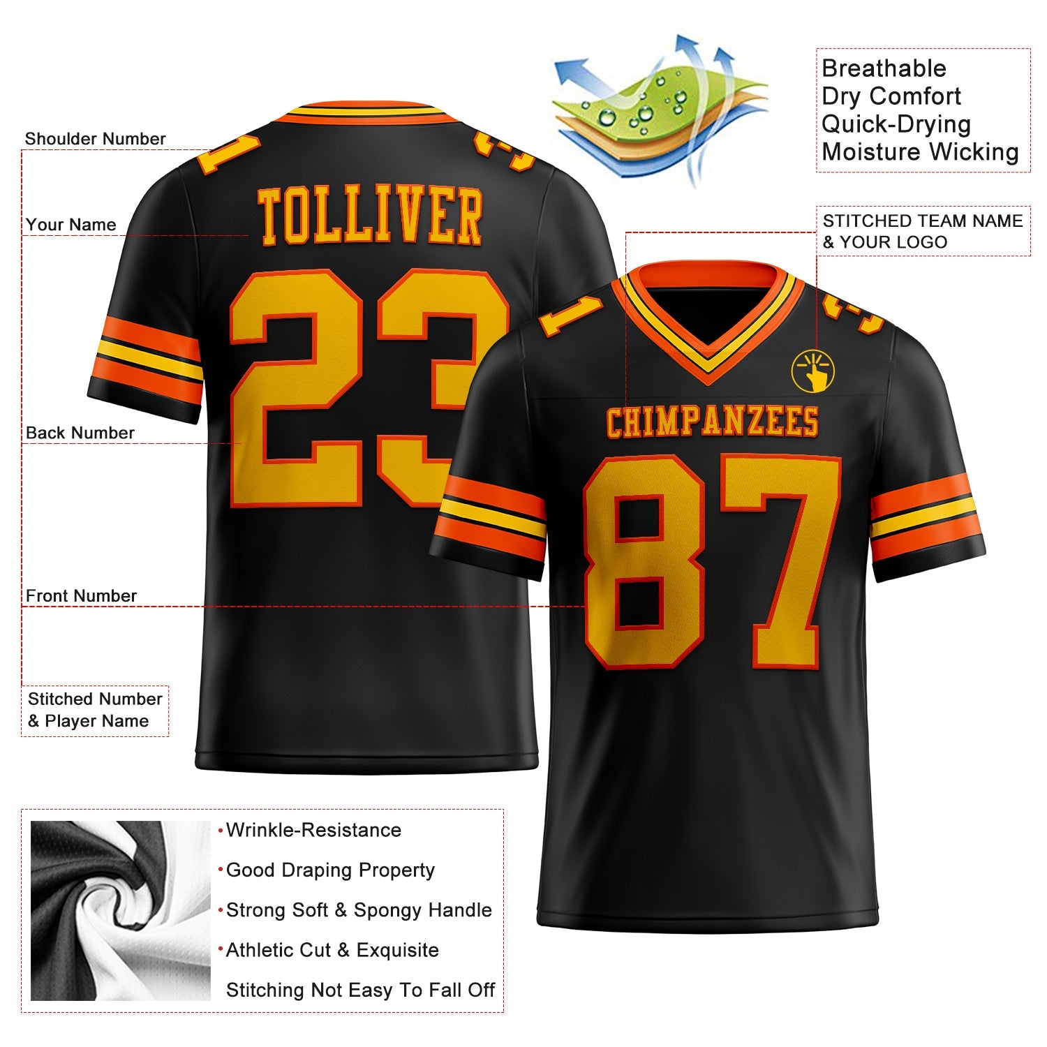Custom Black Yellow-Orange Authentic Football Jersey