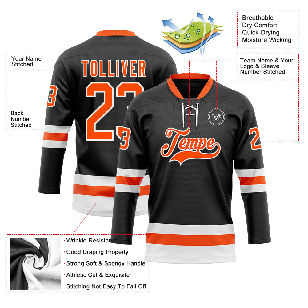 Custom Black Orange-White Hockey Lace Neck Jersey
