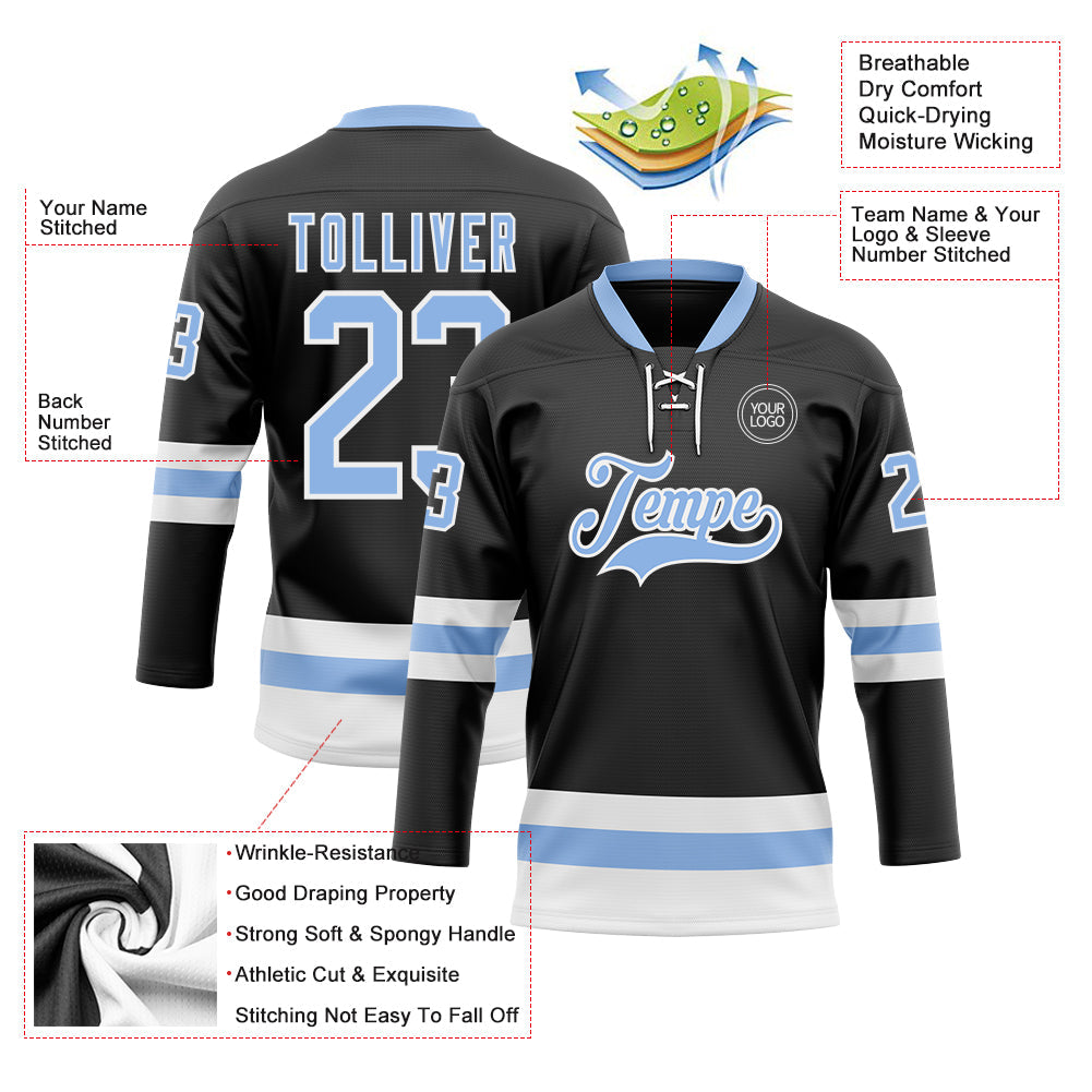 Custom Black Light Blue-White Hockey Lace Neck Jersey