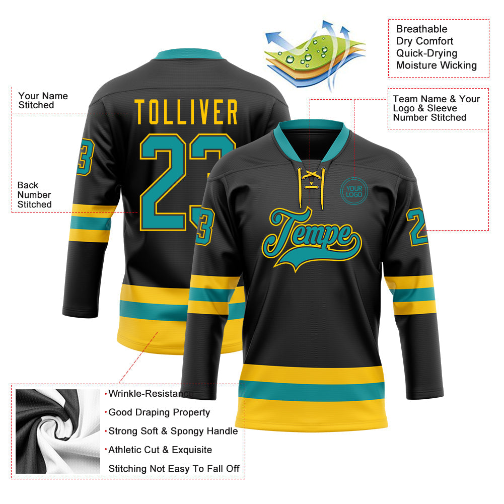 Custom Black Teal-Yellow Hockey Lace Neck Jersey