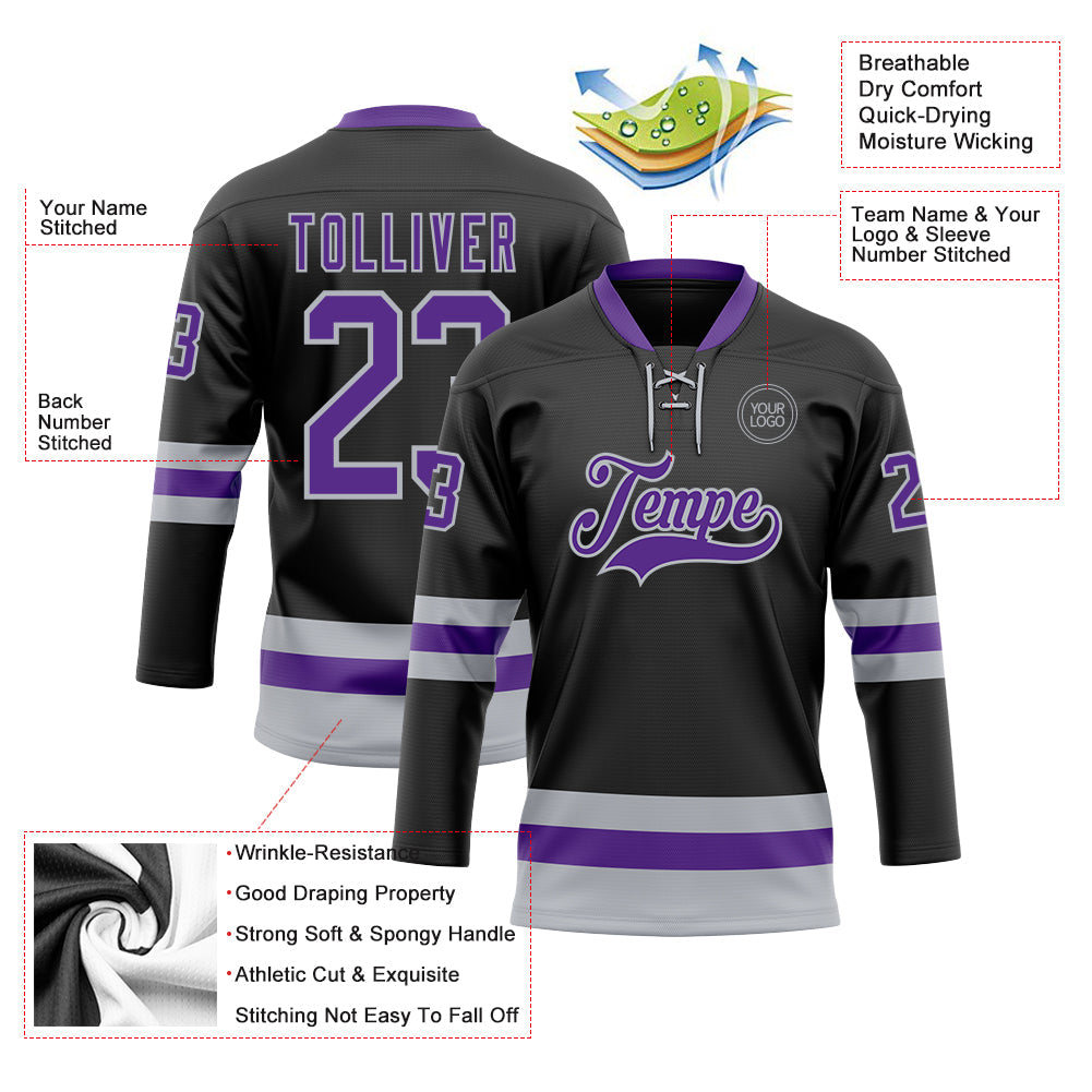 Custom Black Purple-Gray Hockey Lace Neck Jersey