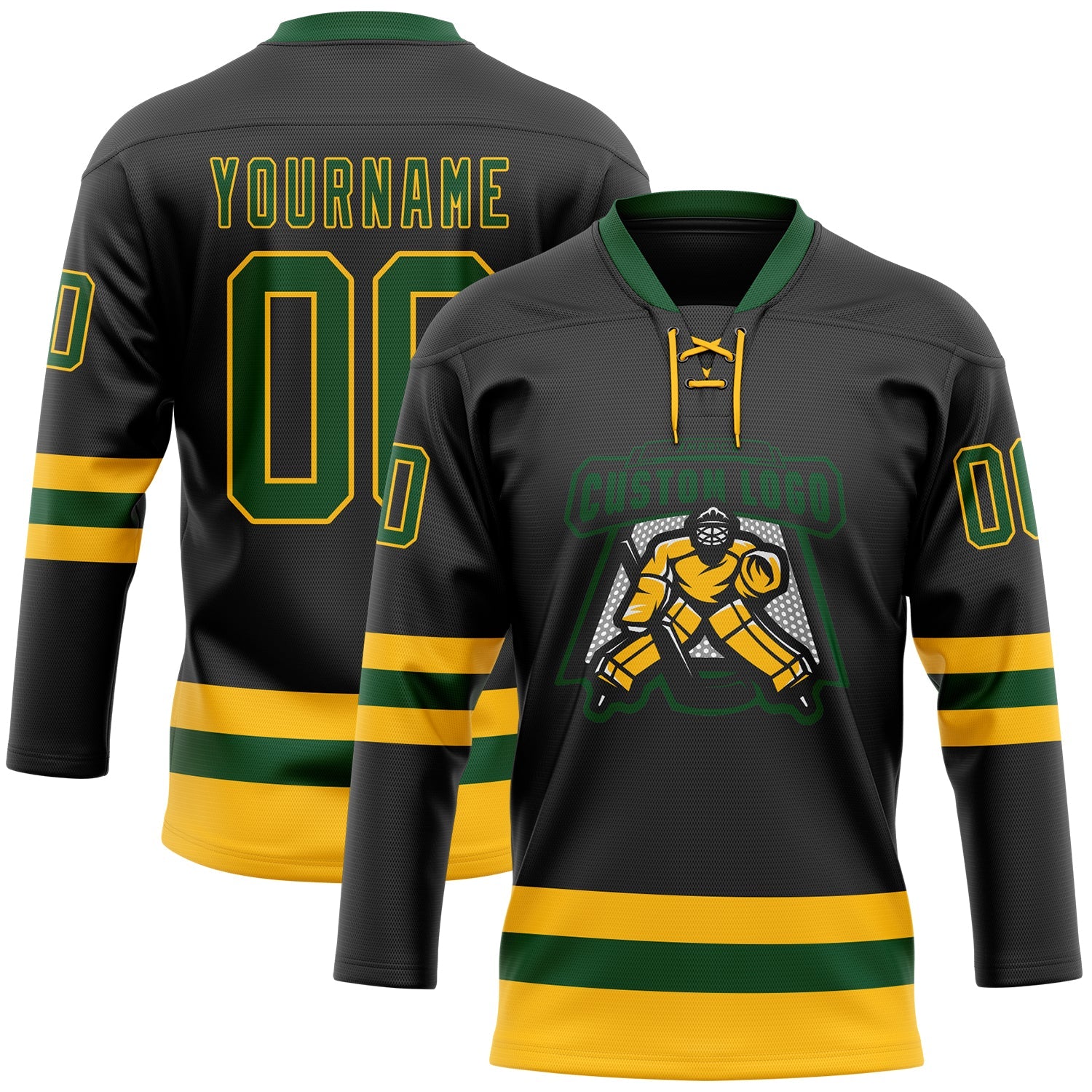 Custom Black Green-Gold Hockey Lace Neck Jersey