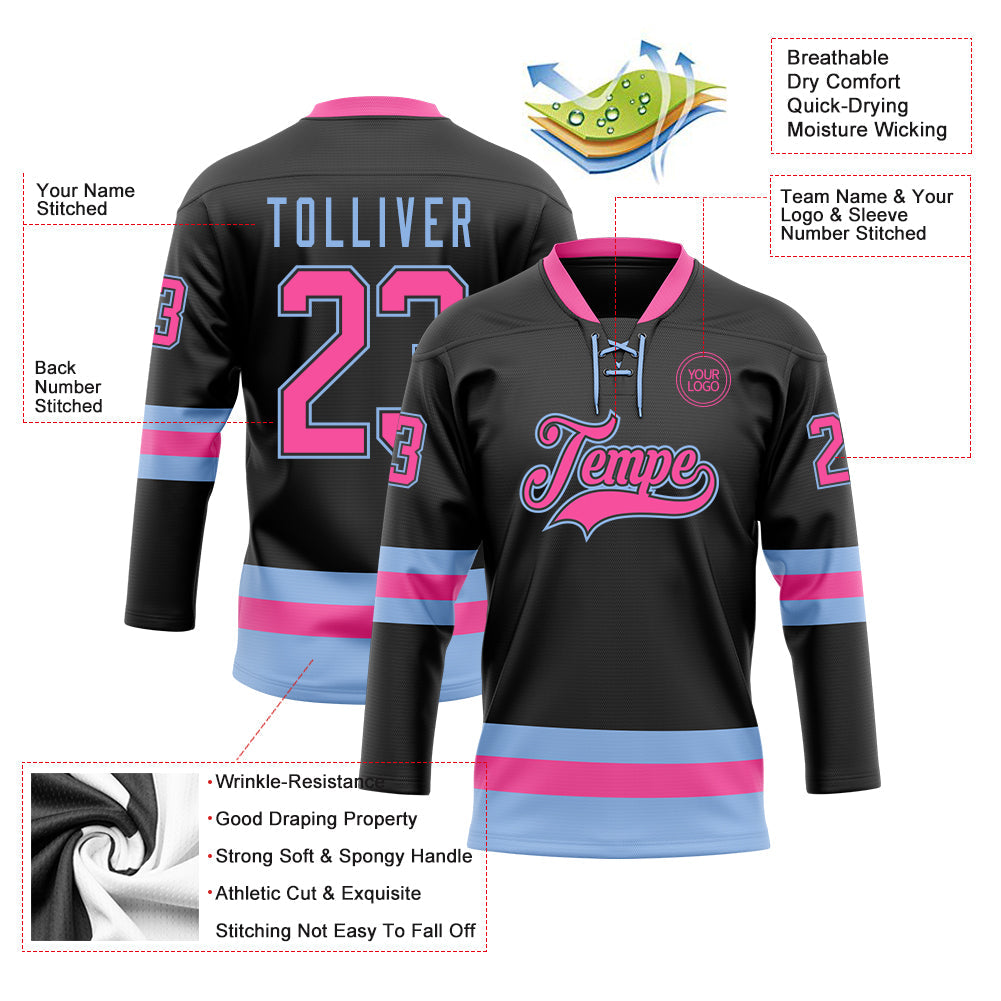 Custom Black Pink-Light Blue Hockey Lace Neck Jersey