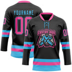 Custom Black Pink-Sky Blue Hockey Lace Neck Jersey