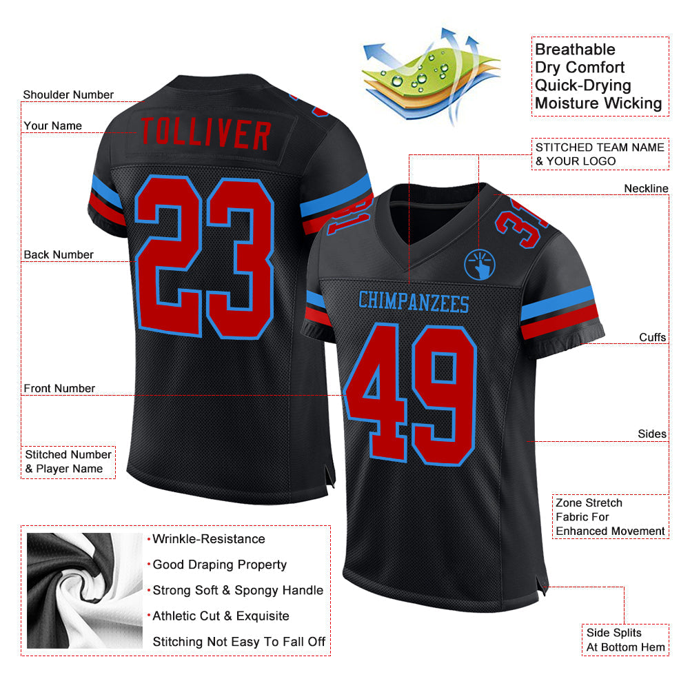 Custom Black Red-Powder Blue Mesh Authentic Football Jersey