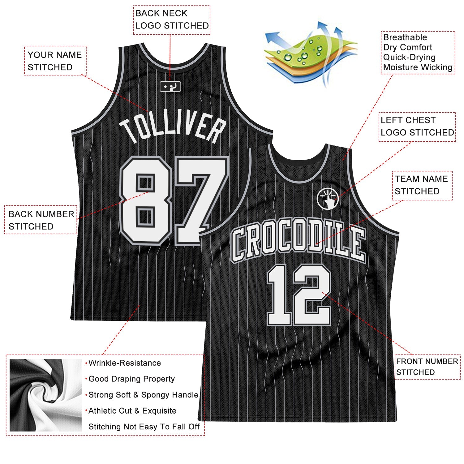 Custom Black Gray Pinstripe White Authentic Basketball Jersey