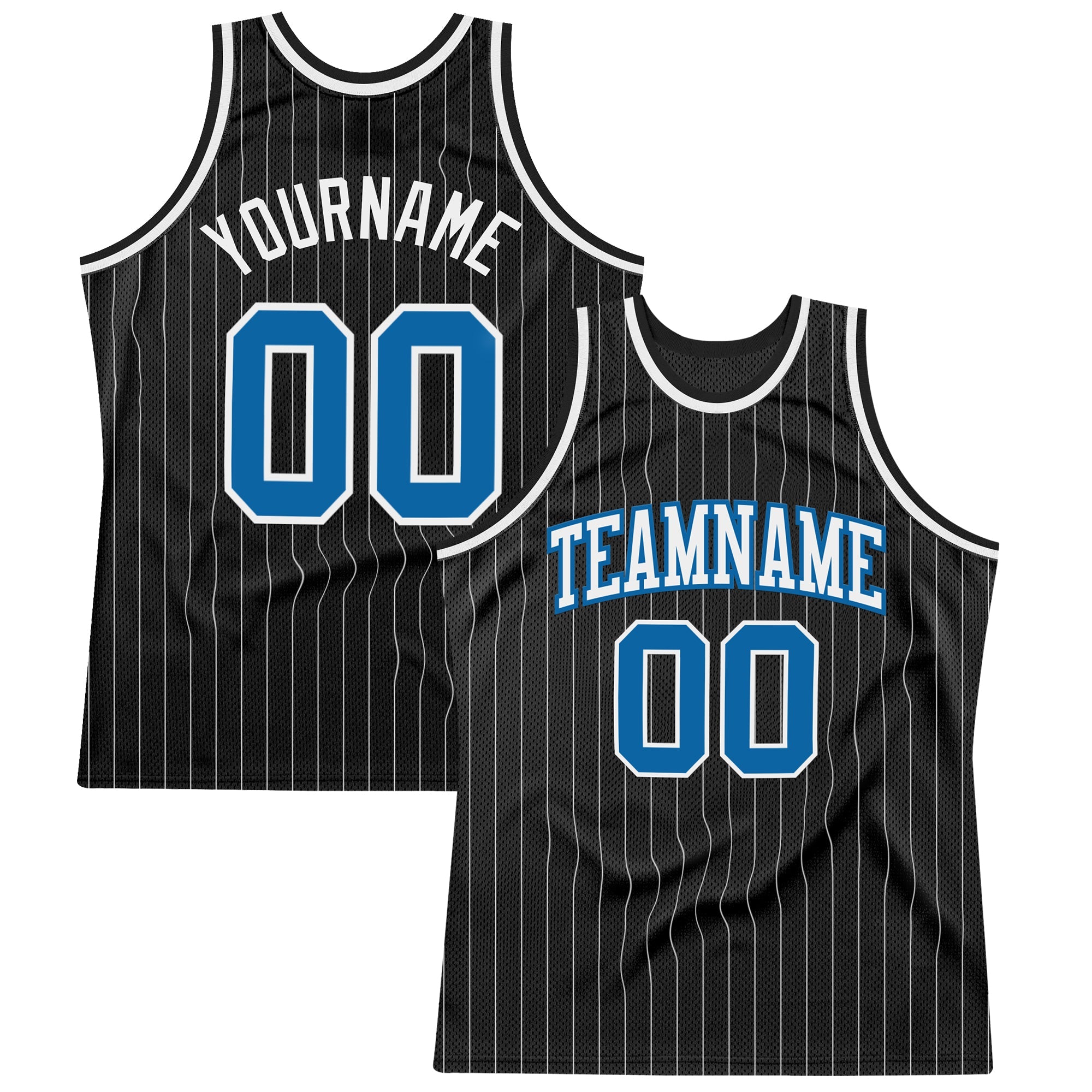 Custom Black White Pinstripe Blue Authentic Basketball Jersey