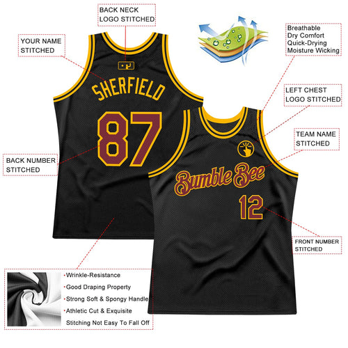Custom Black Burgundy-Gold Authentic Throwback Basketball Jersey