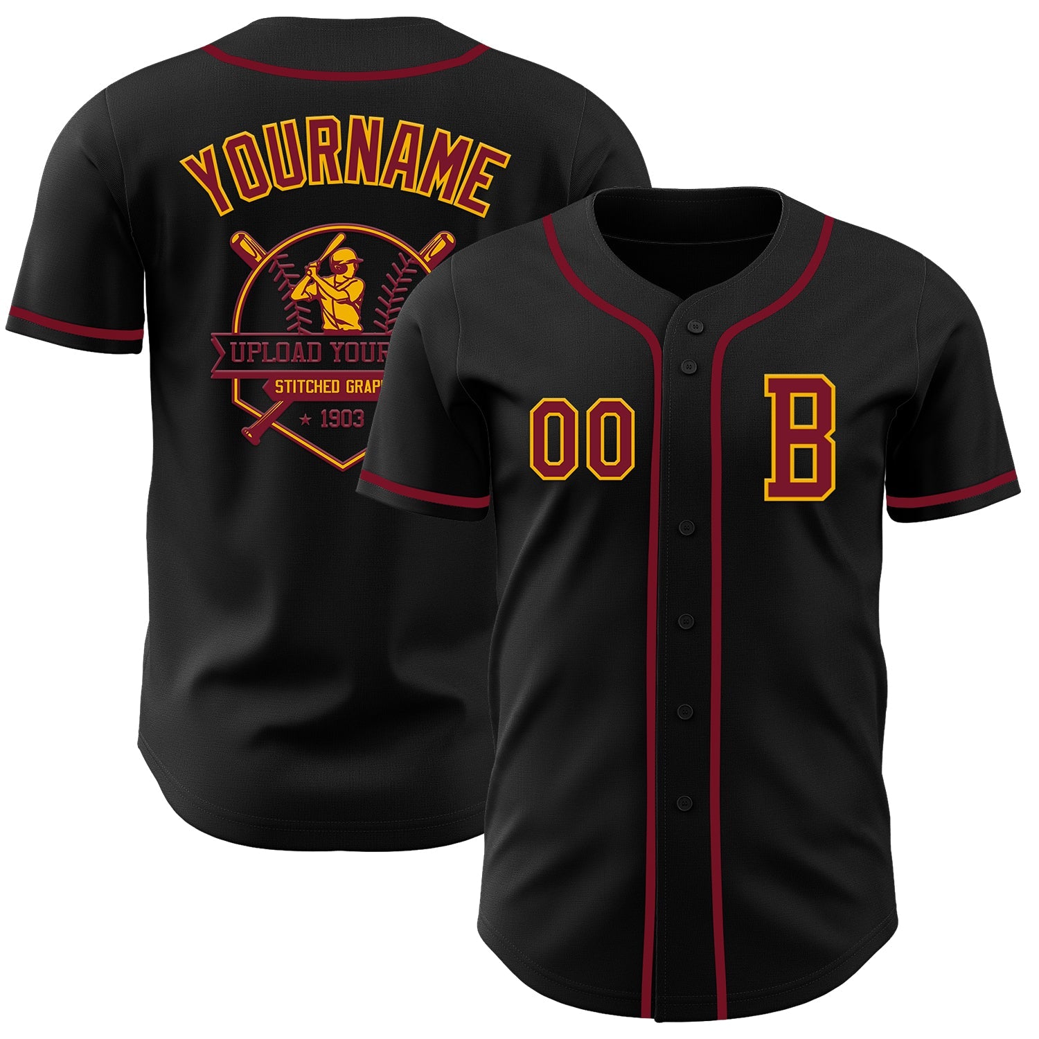 Custom Black Crimson-Gold Authentic Baseball Jersey
