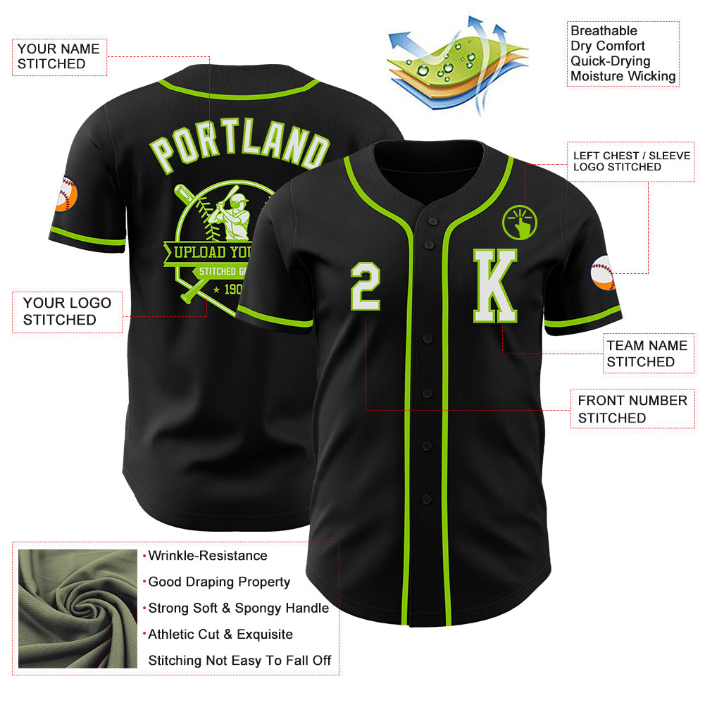 Custom Black White-Neon Green Authentic Baseball Jersey