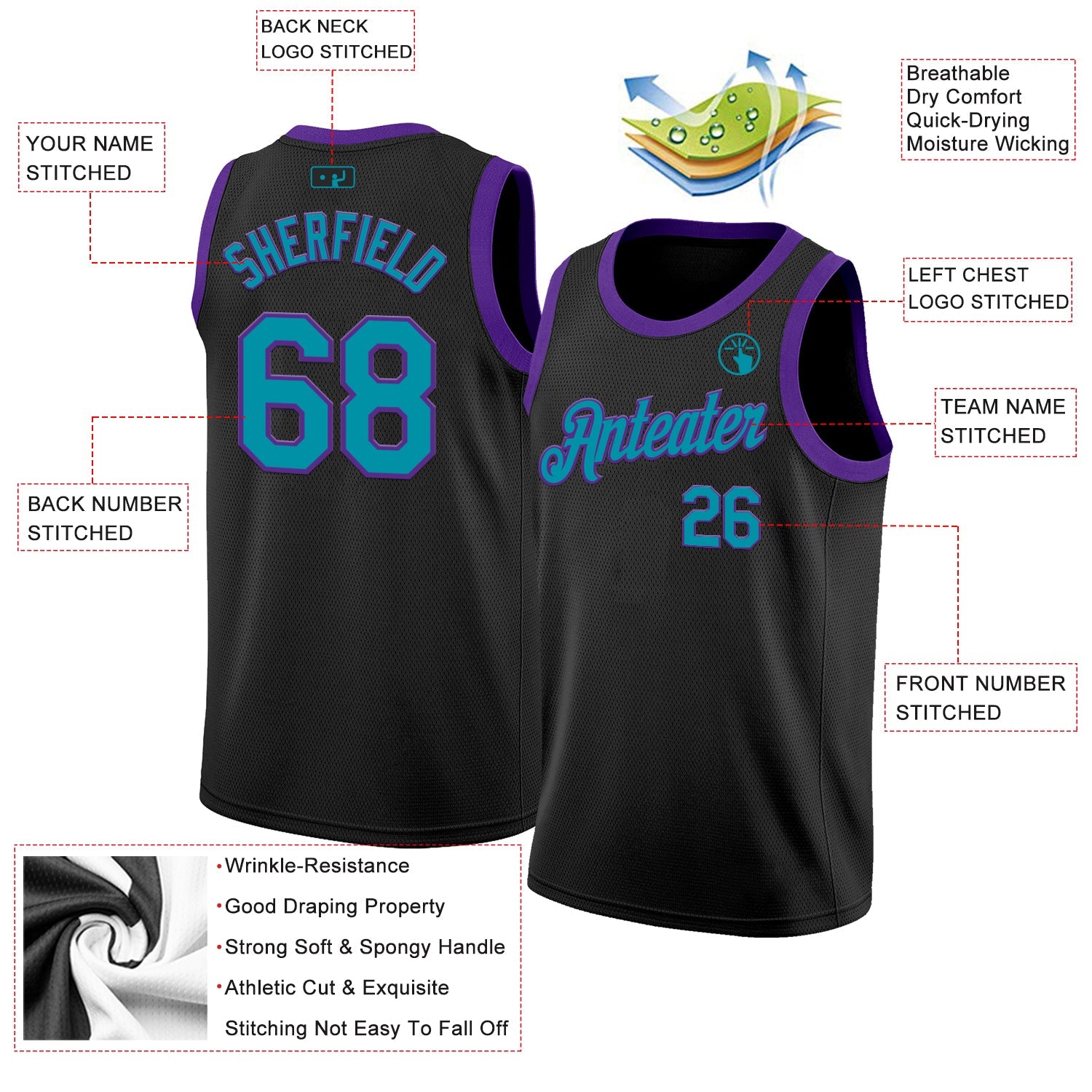Custom Black Teal-Purple Authentic Basketball Jersey