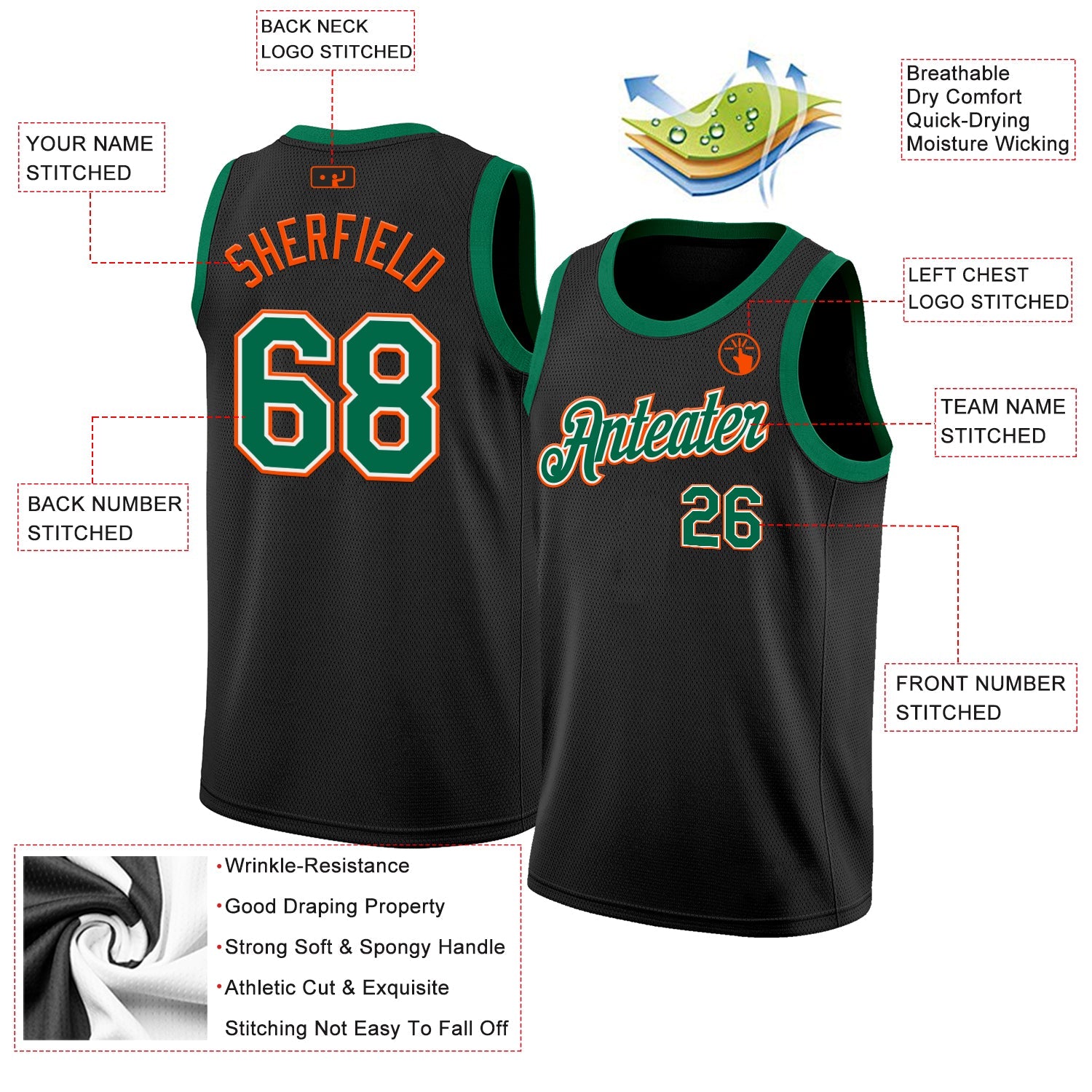Custom Black Kelly Green White-Orange Authentic Basketball Jersey