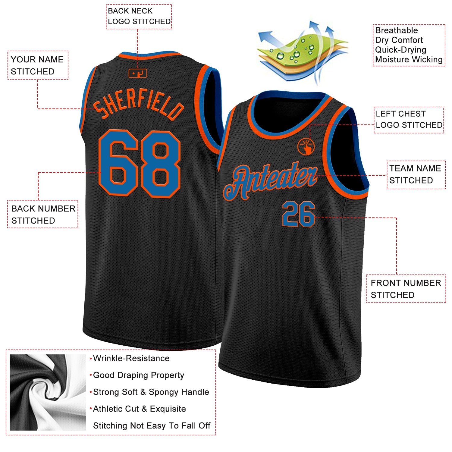 Custom Black Blue-Orange Authentic Basketball Jersey