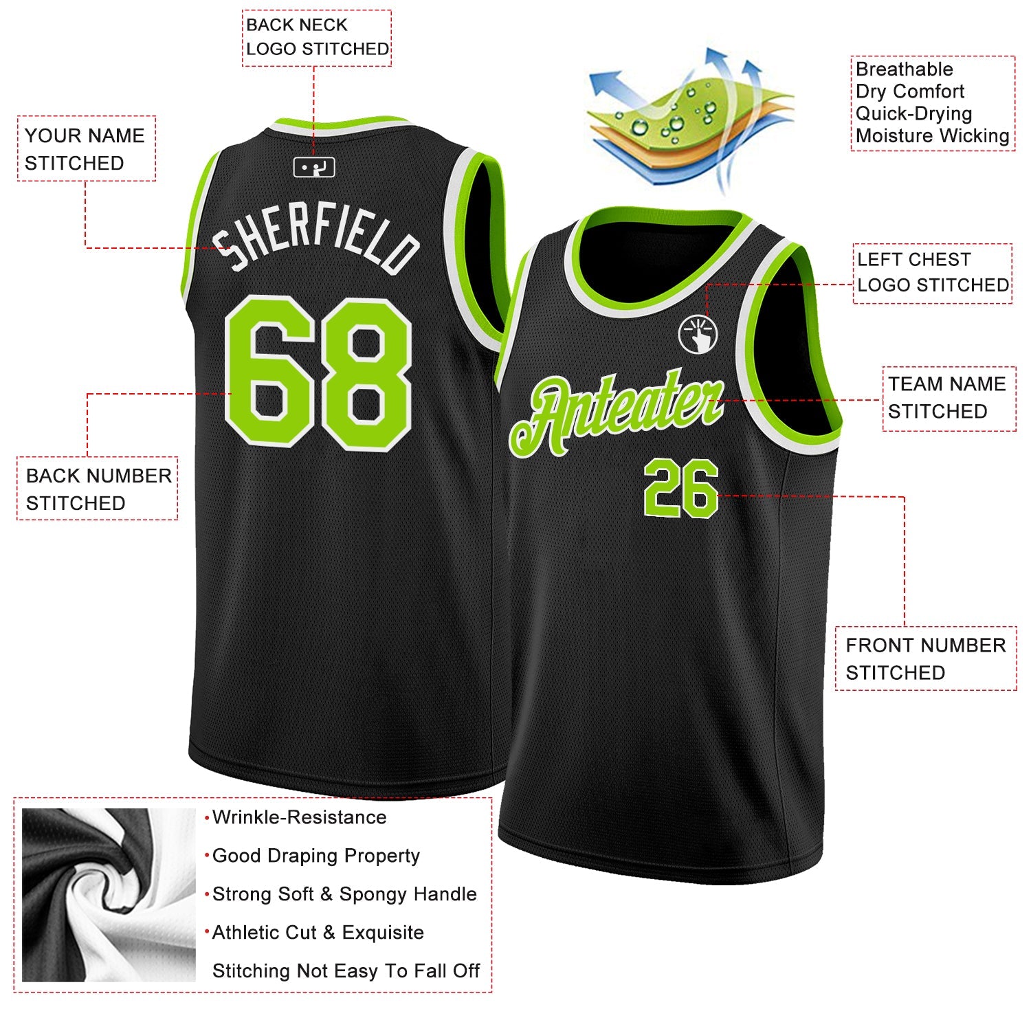 Custom Black Neon Green-White Authentic Basketball Jersey