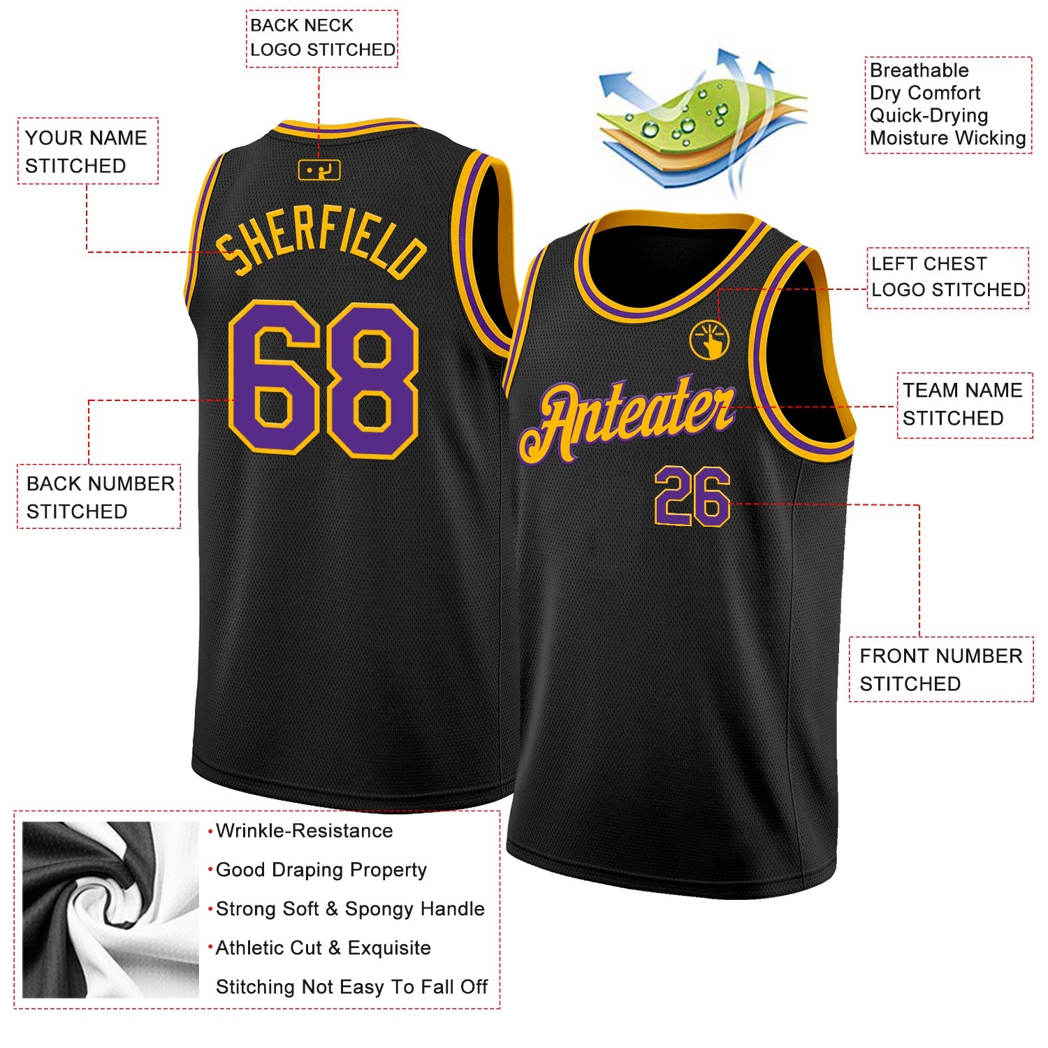 Custom Black Purple-Gold Authentic Basketball Jersey