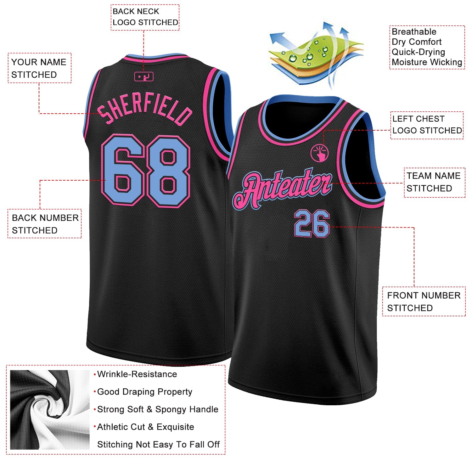 Custom Black Light Blue-Pink Authentic Basketball Jersey