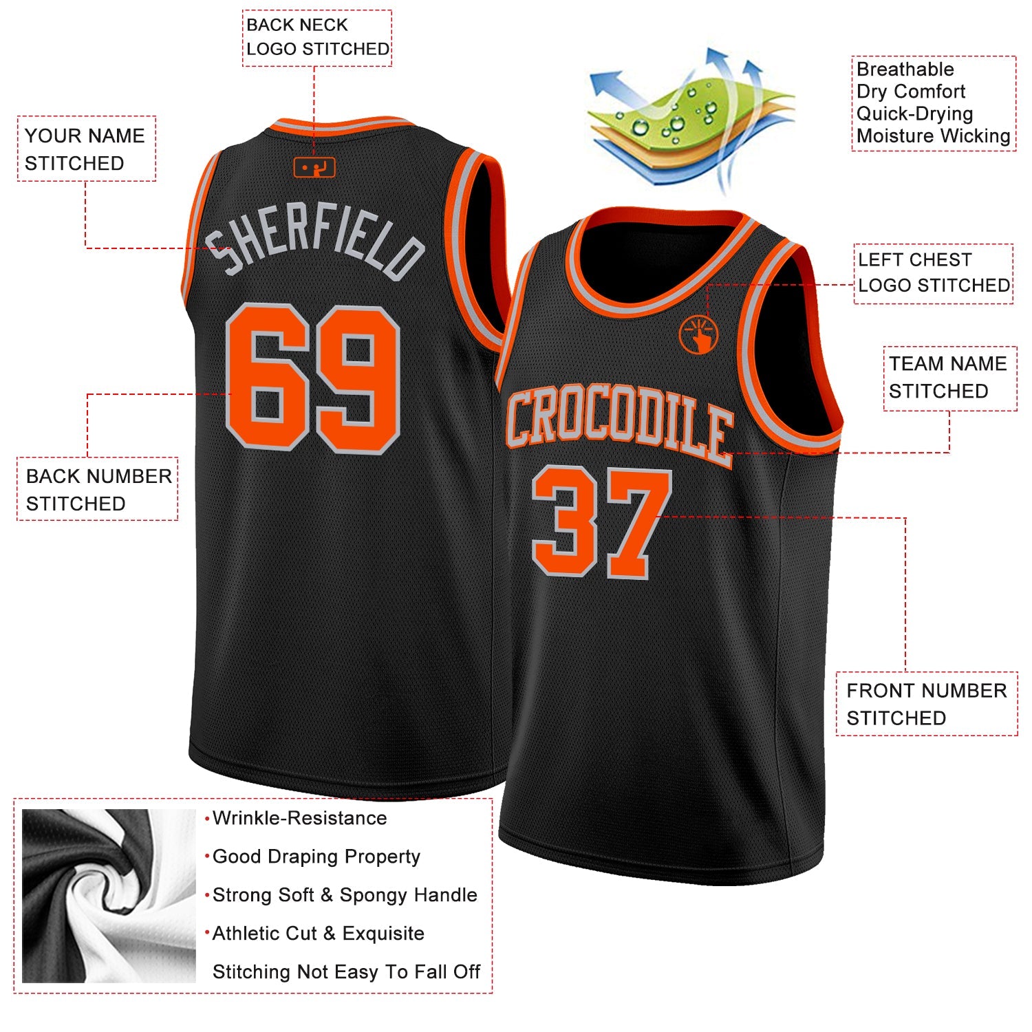 Custom Black Orange-Gray Authentic Basketball Jersey