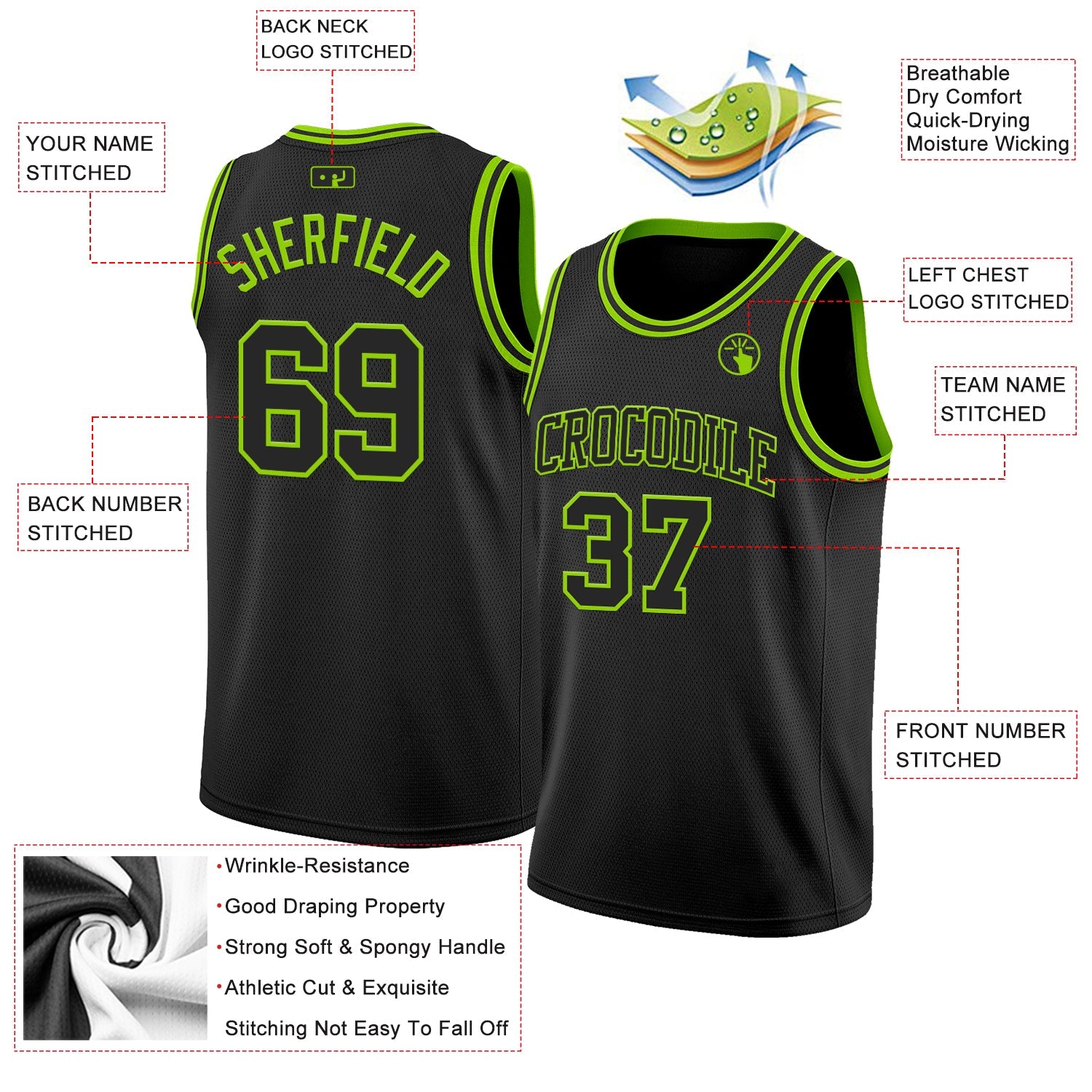 Custom Black Neon Green Authentic Basketball Jersey