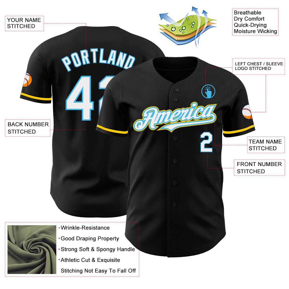 Custom Black White Sky Blue-Yellow Authentic Baseball Jersey