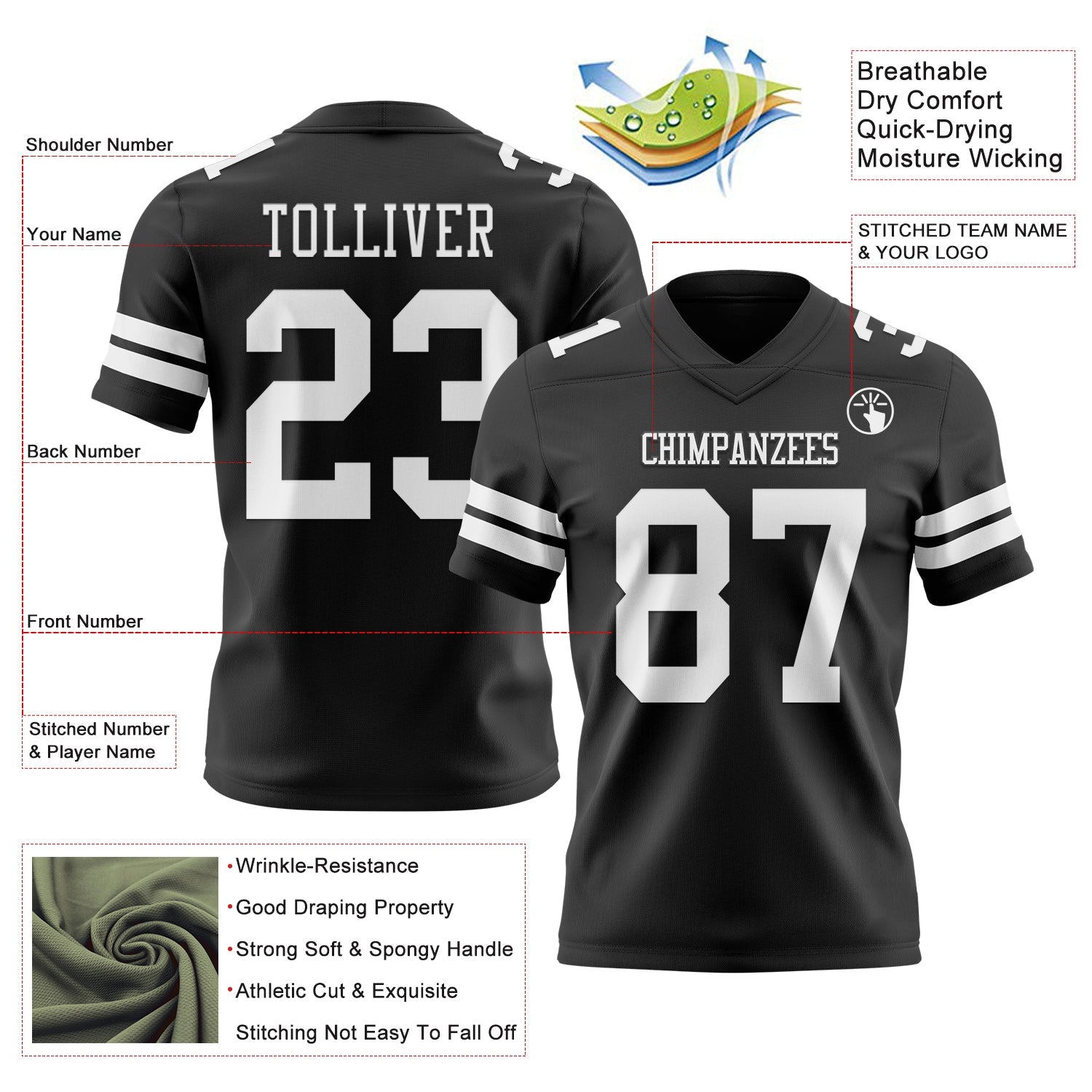 Custom Black White Authentic Football Jersey