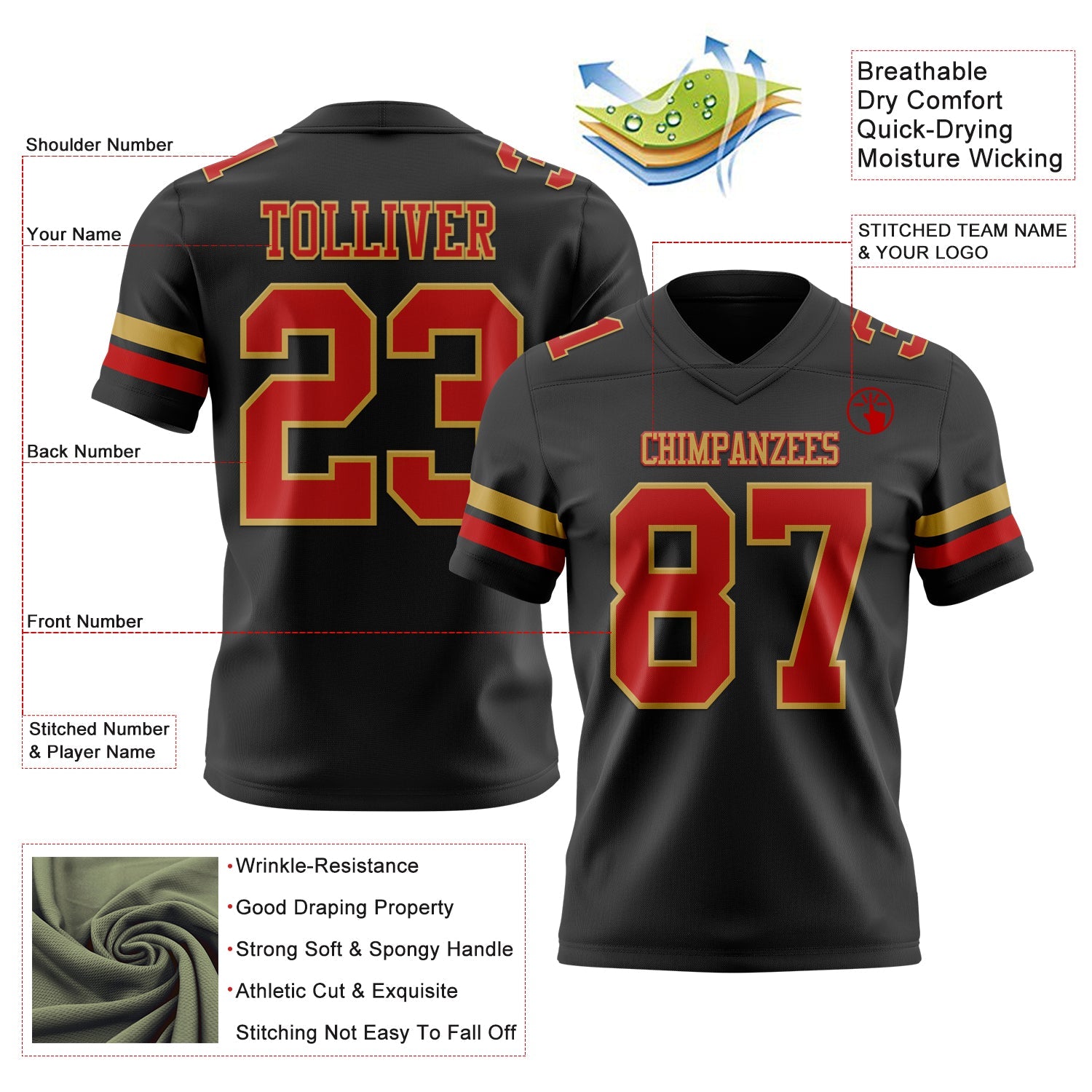 Custom Black Red-Old Gold Authentic Football Jersey