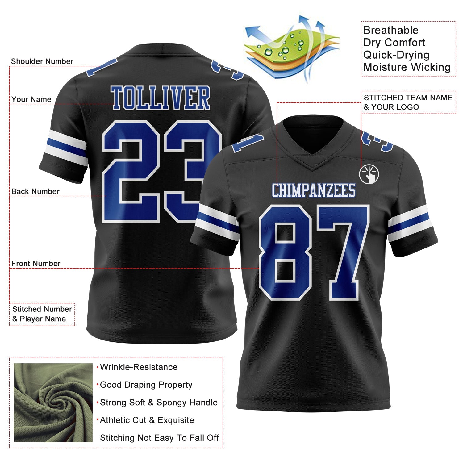 Custom Black Royal-White Authentic Football Jersey