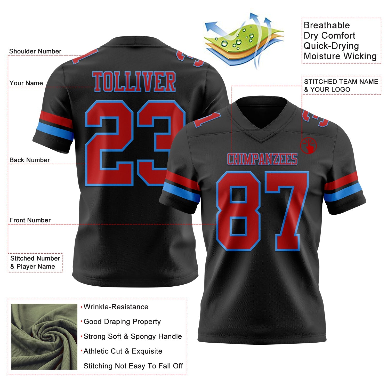 Custom Black Red-Powder Blue Authentic Football Jersey