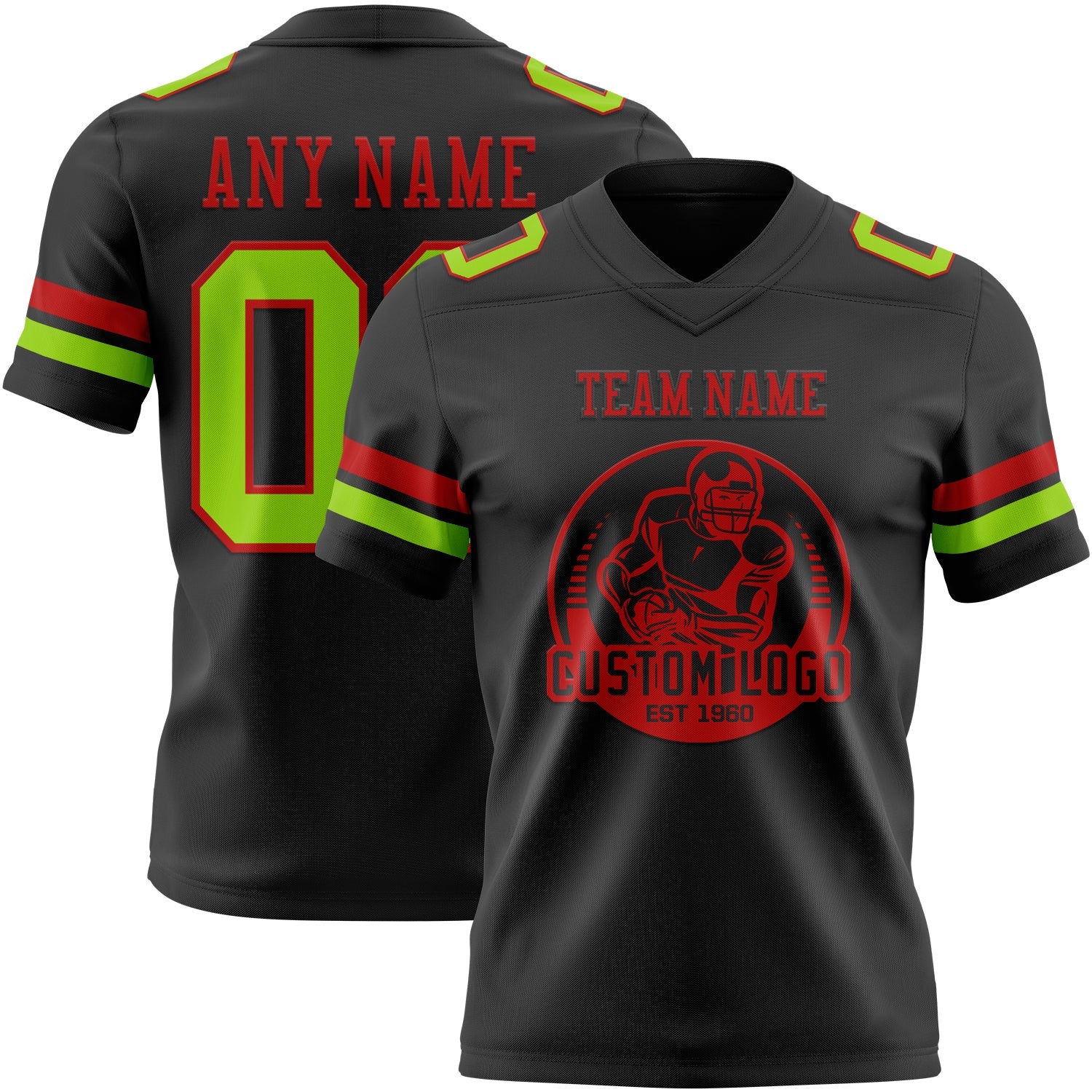 Custom Black Neon Green-Red Authentic Football Jersey