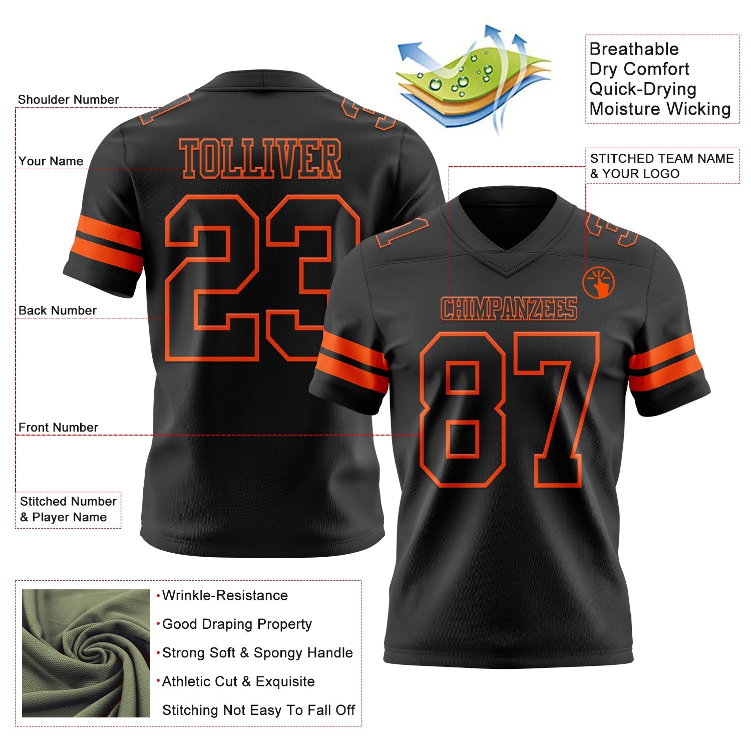Custom Black Orange Authentic Football Jersey