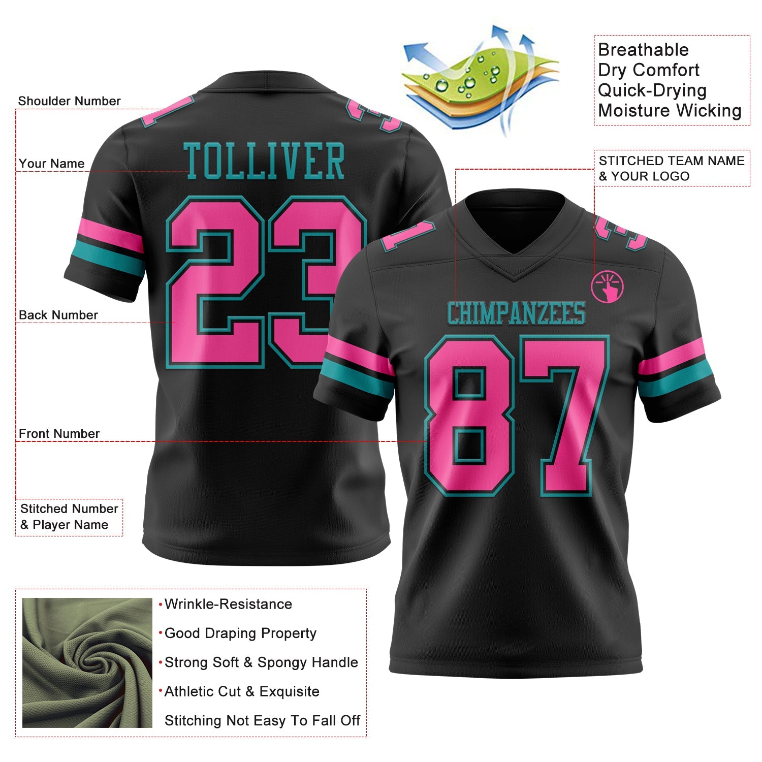 Custom Black Pink-Teal Authentic Football Jersey