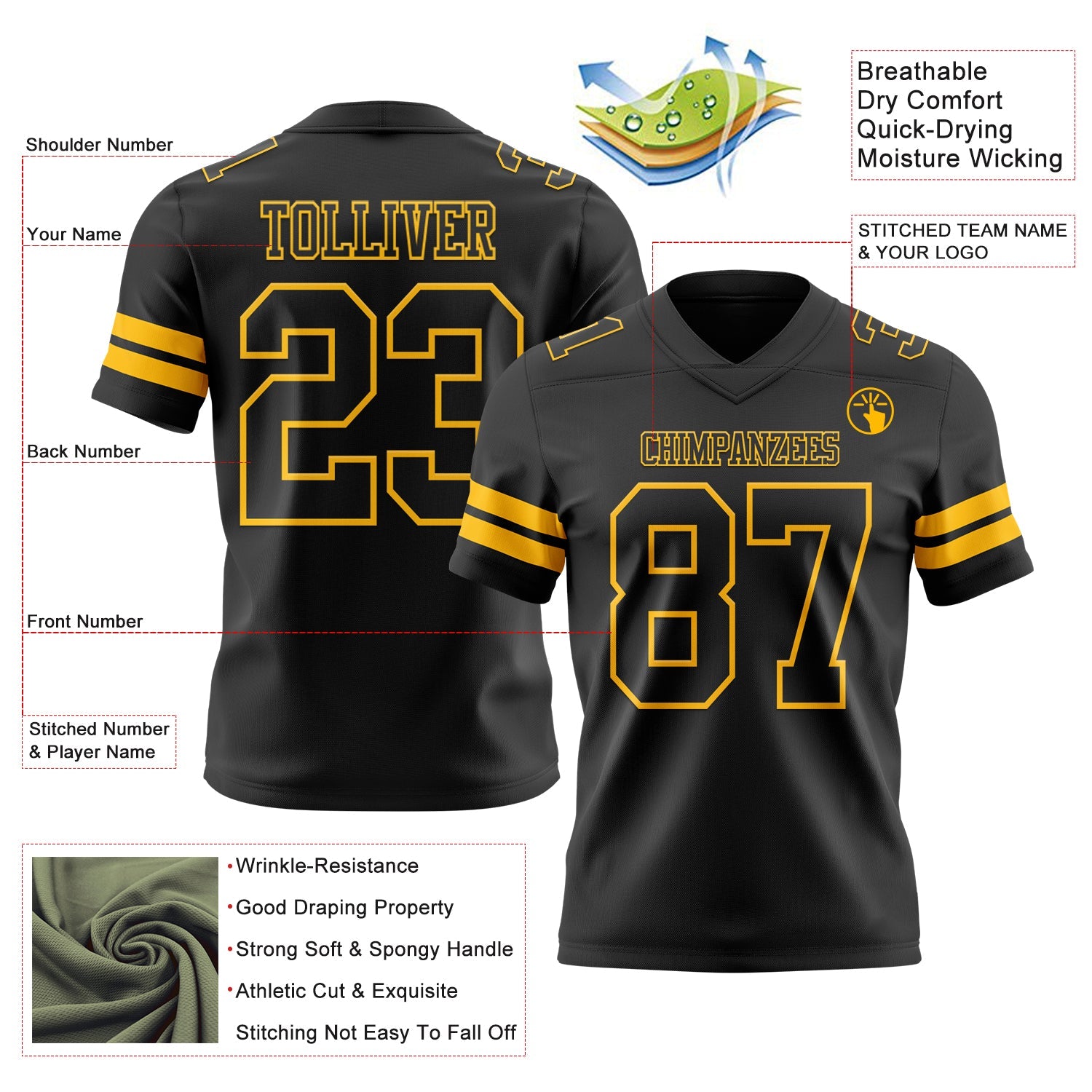 Custom Black Gold Authentic Football Jersey