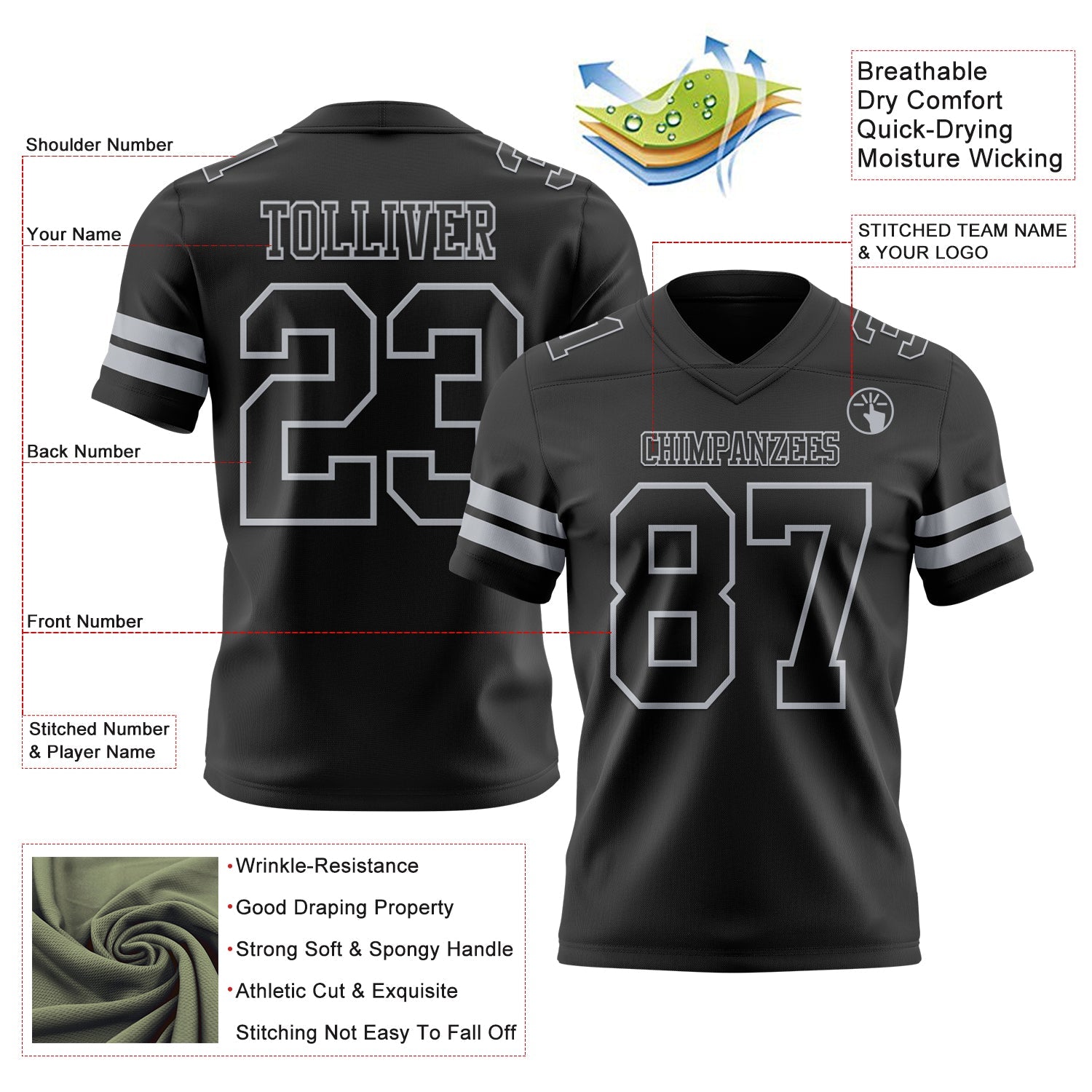 Custom Black Gray Authentic Football Jersey