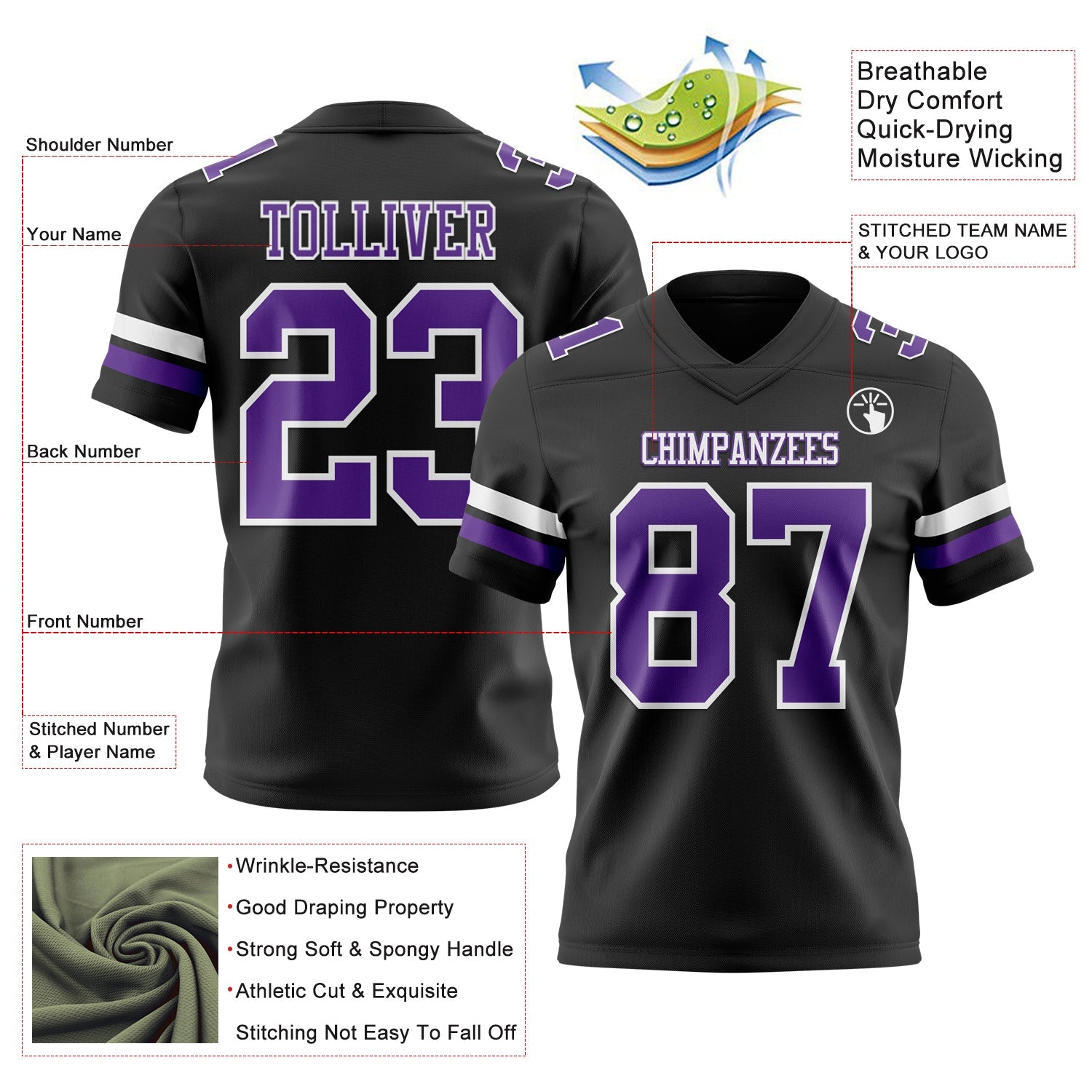 Custom Black Purple-White Authentic Football Jersey