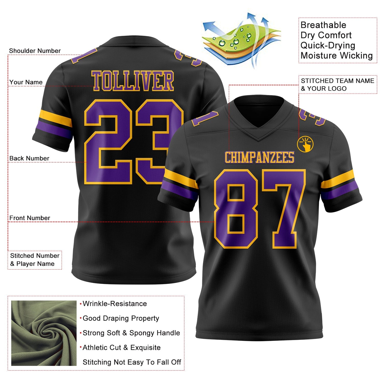 Custom Black Purple-Gold Authentic Football Jersey