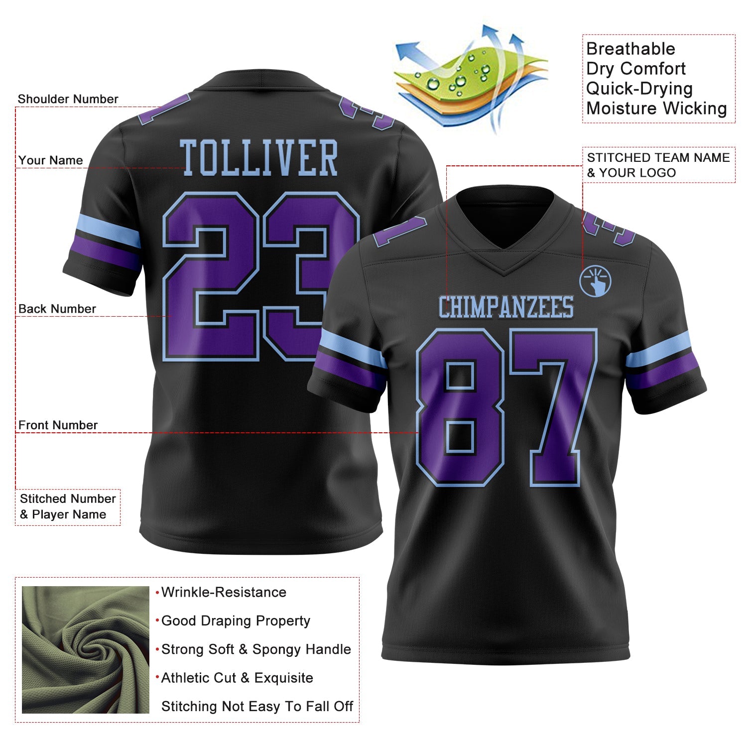 Custom Black Purple-Light Blue Authentic Football Jersey