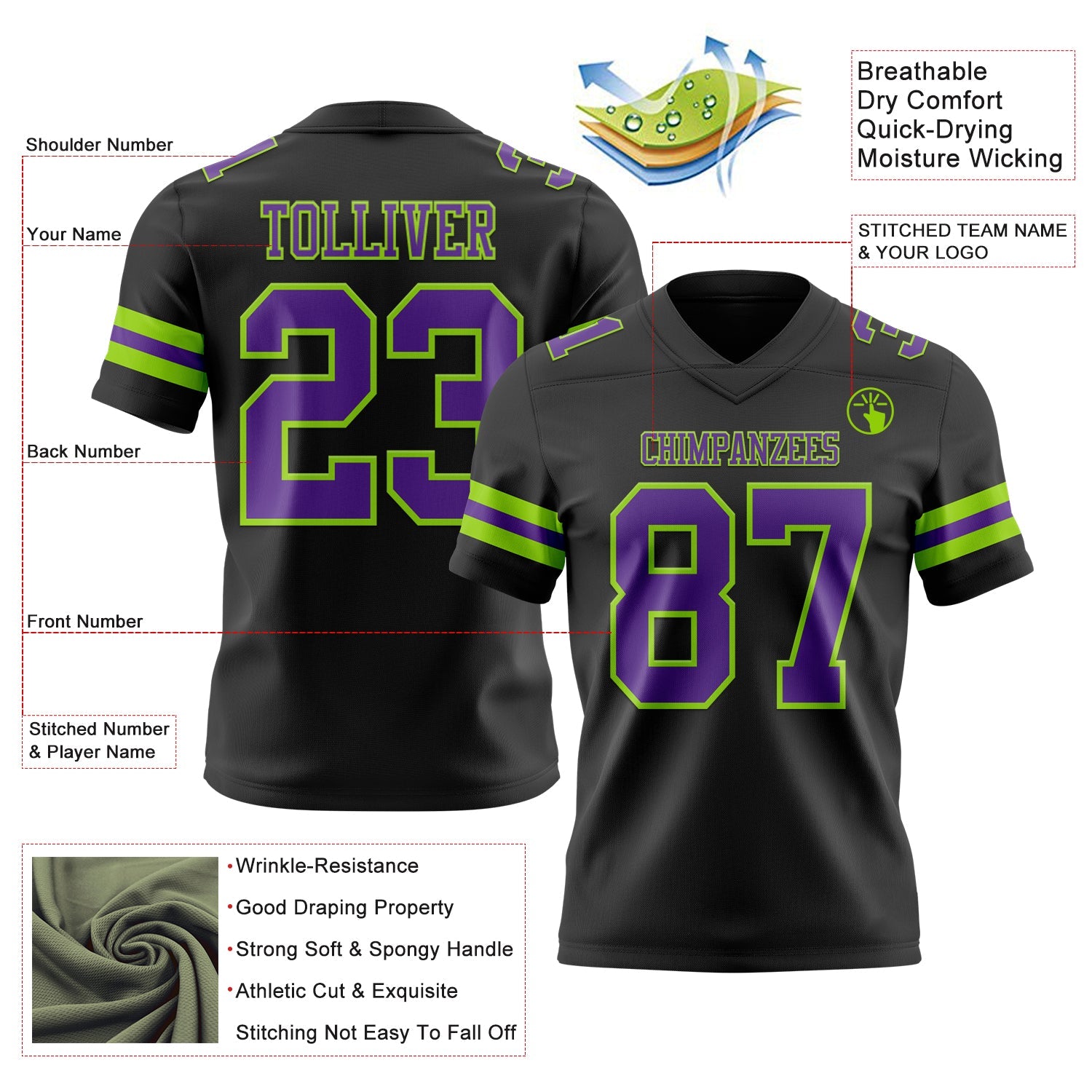 Custom Black Purple-Neon Green Authentic Football Jersey