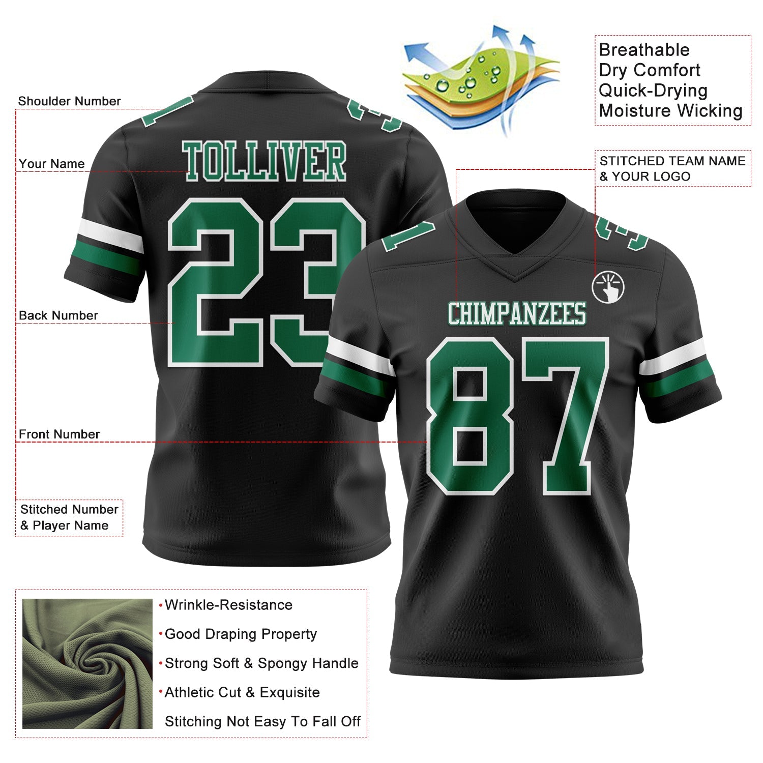 Custom Black Kelly Green-White Authentic Football Jersey