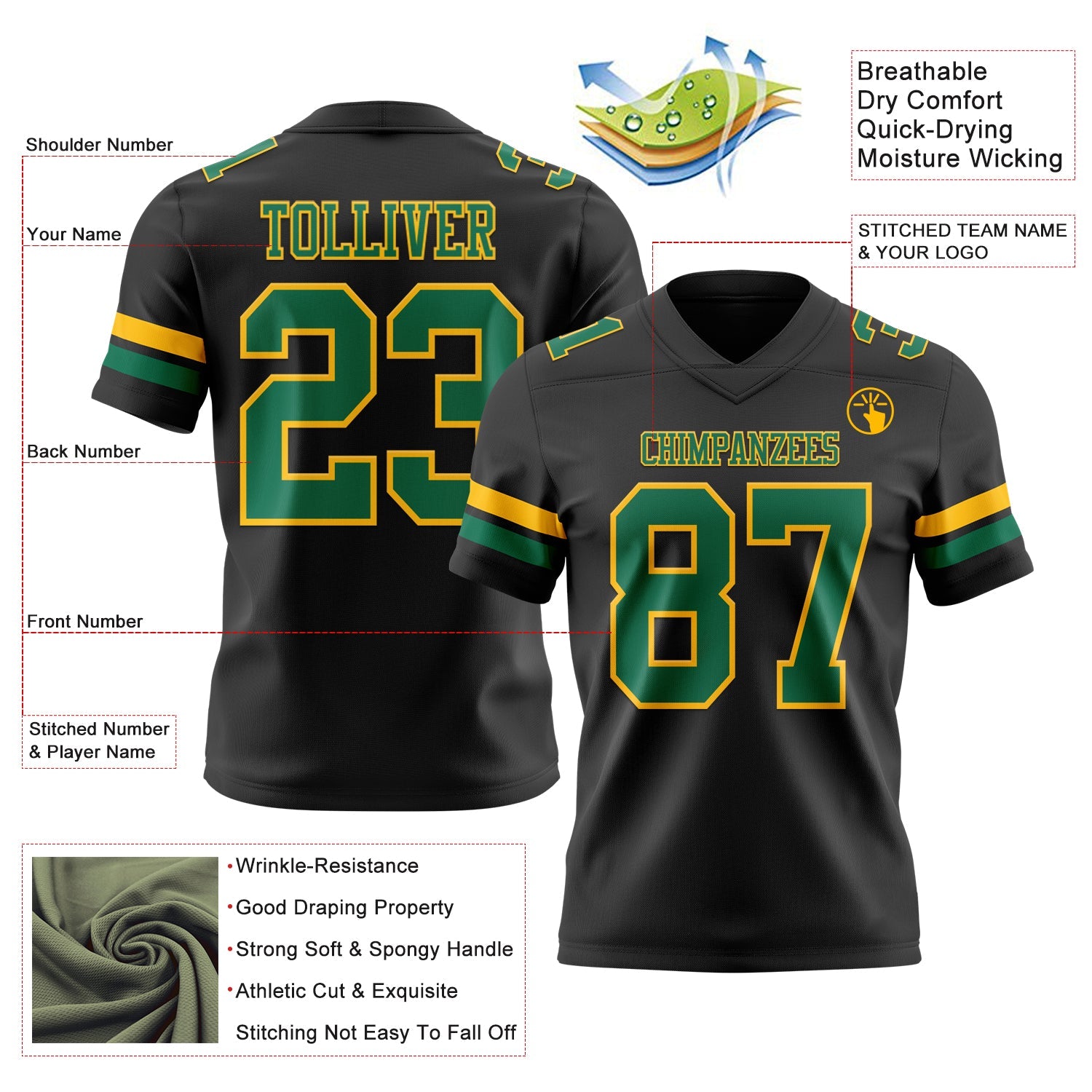 Custom Black Kelly Green-Gold Authentic Football Jersey